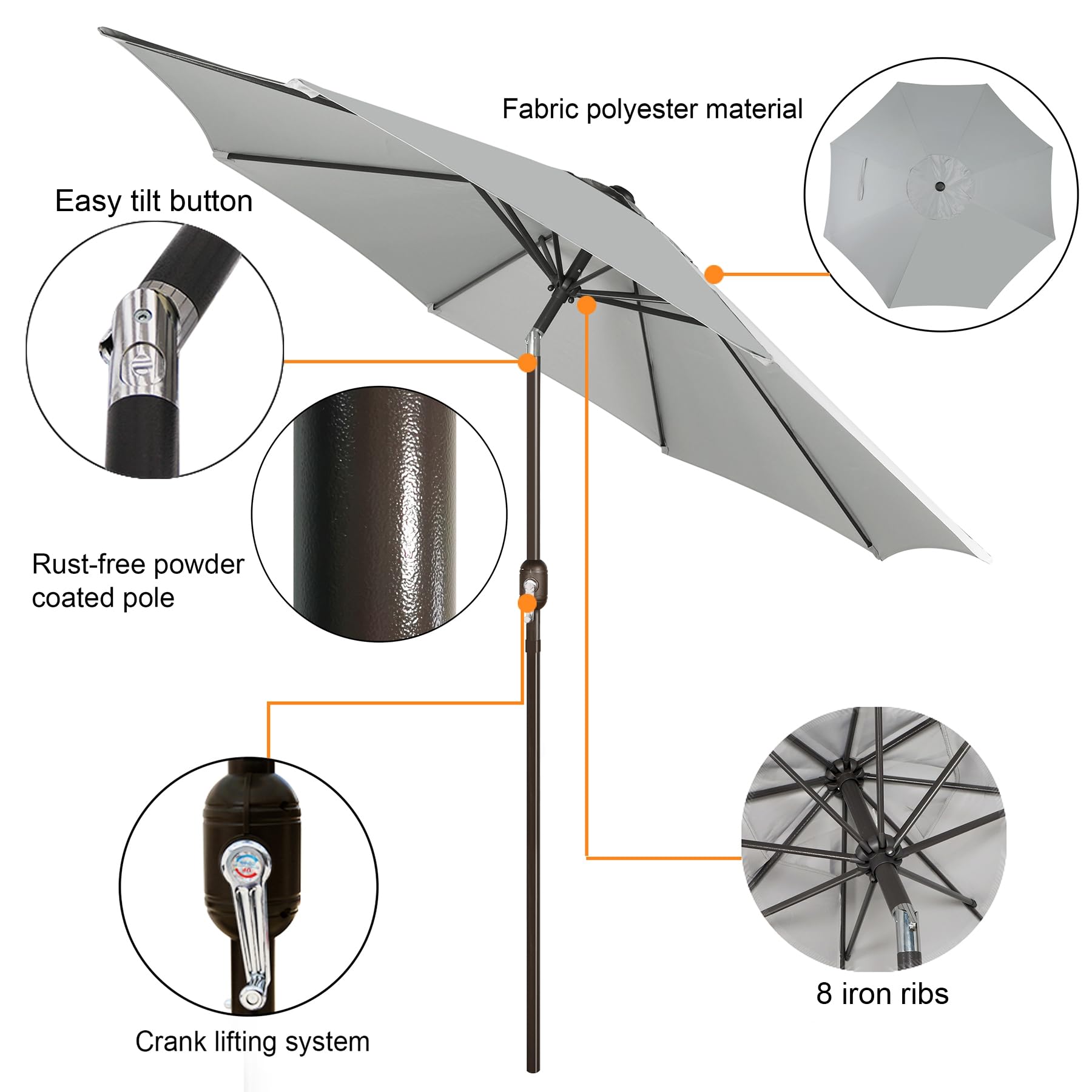 Blissun 9' Outdoor Patio Umbrella, Outdoor Table Umbrella, Yard Umbrella, Market Umbrella with 8 Sturdy Ribs, Push Button Tilt and Crank