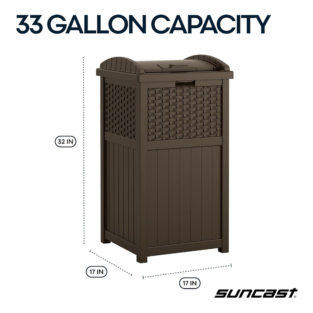 Suncast 33 Gallon Commercial Outdoor Trashcan Hideaway with Lid for 30 to 33 Gallon Trash Bags for Garage, Backyard, or Garden, Brown