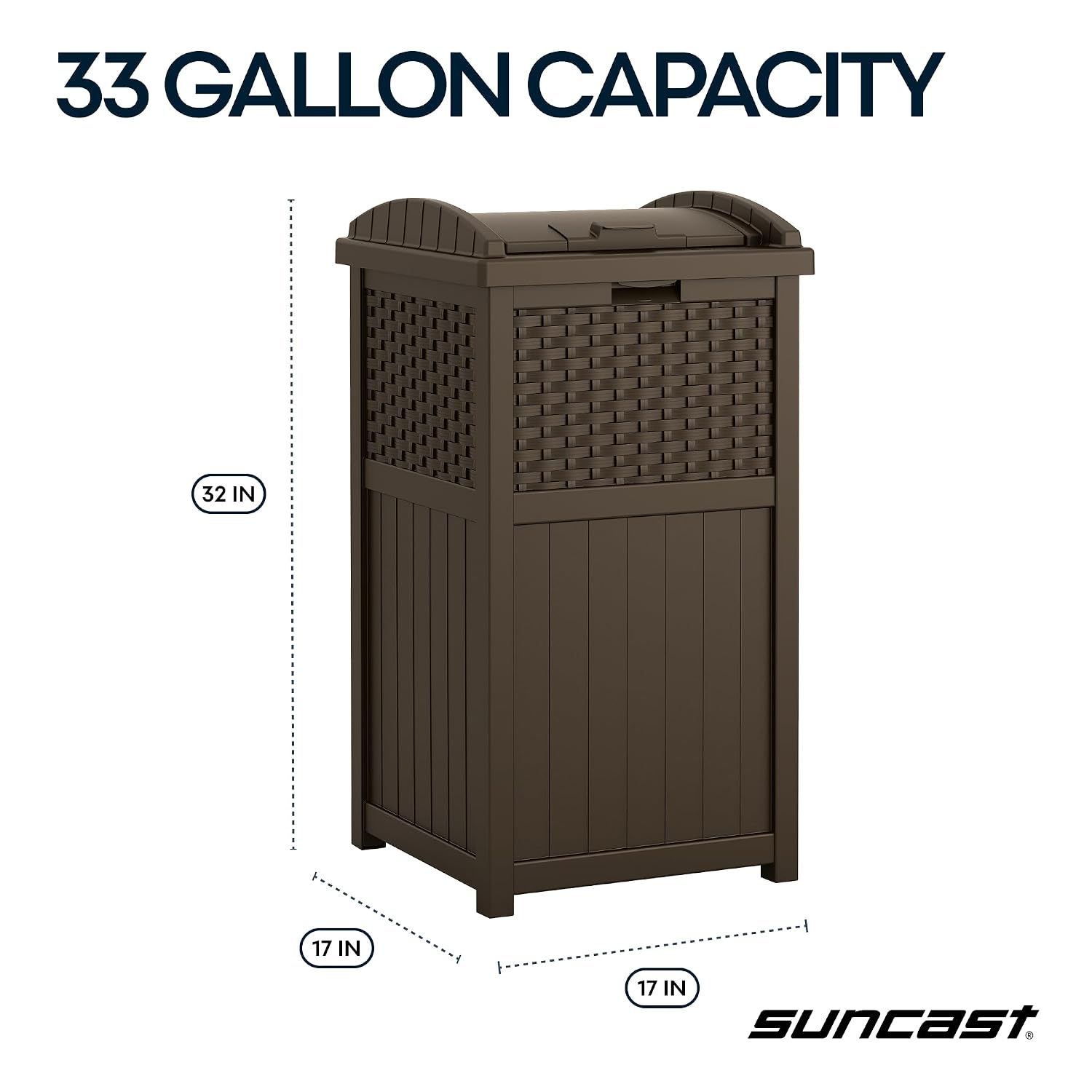 Suncast 33 Gallon Commercial Outdoor Trashcan Hideaway with Lid for 30 to 33 Gallon Trash Bags for Garage, Backyard, or Garden, Brown