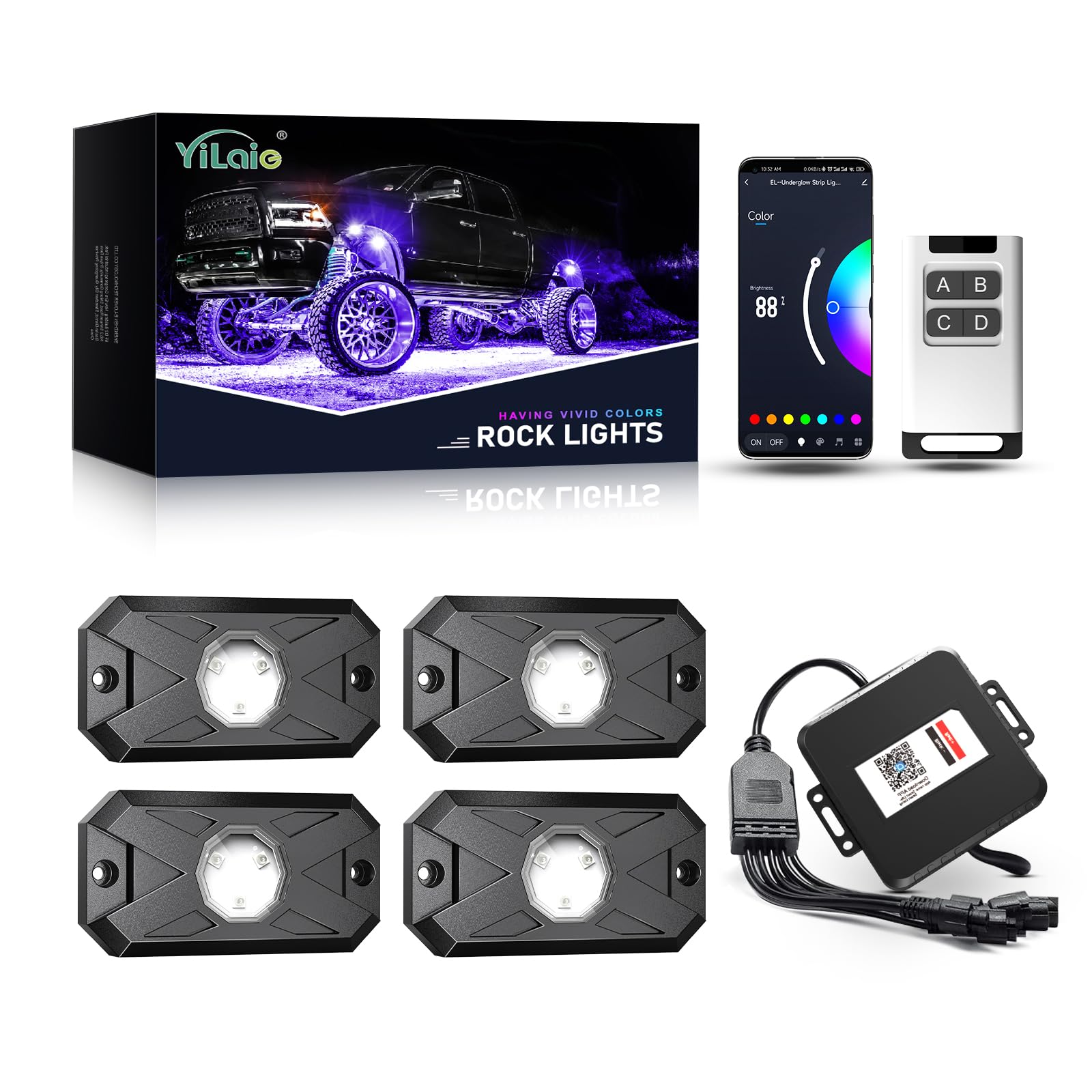 YiLaie RGB LED Rock Lights 8 Pods APP Remote Music Mode IP68 Waterproof