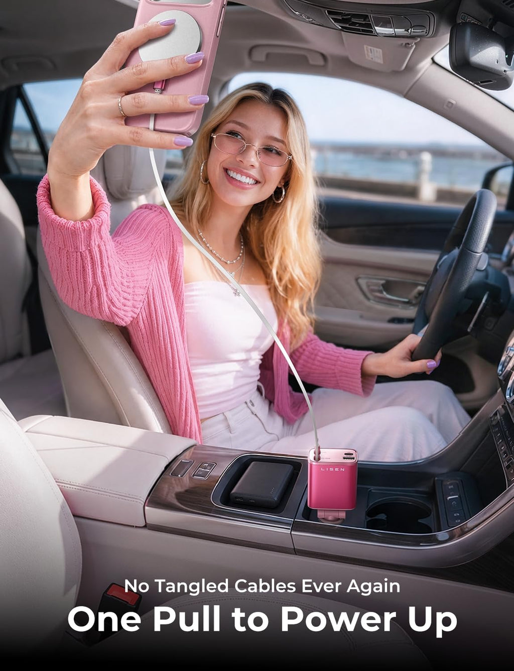 LISEN Retractable Car Charger 84W Fast Charge USB C Multi Cable Adapter
