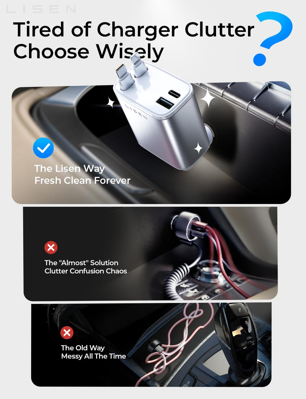 LISEN Retractable Car Charger 84W Fast Charge USB C Multi Cable Adapter