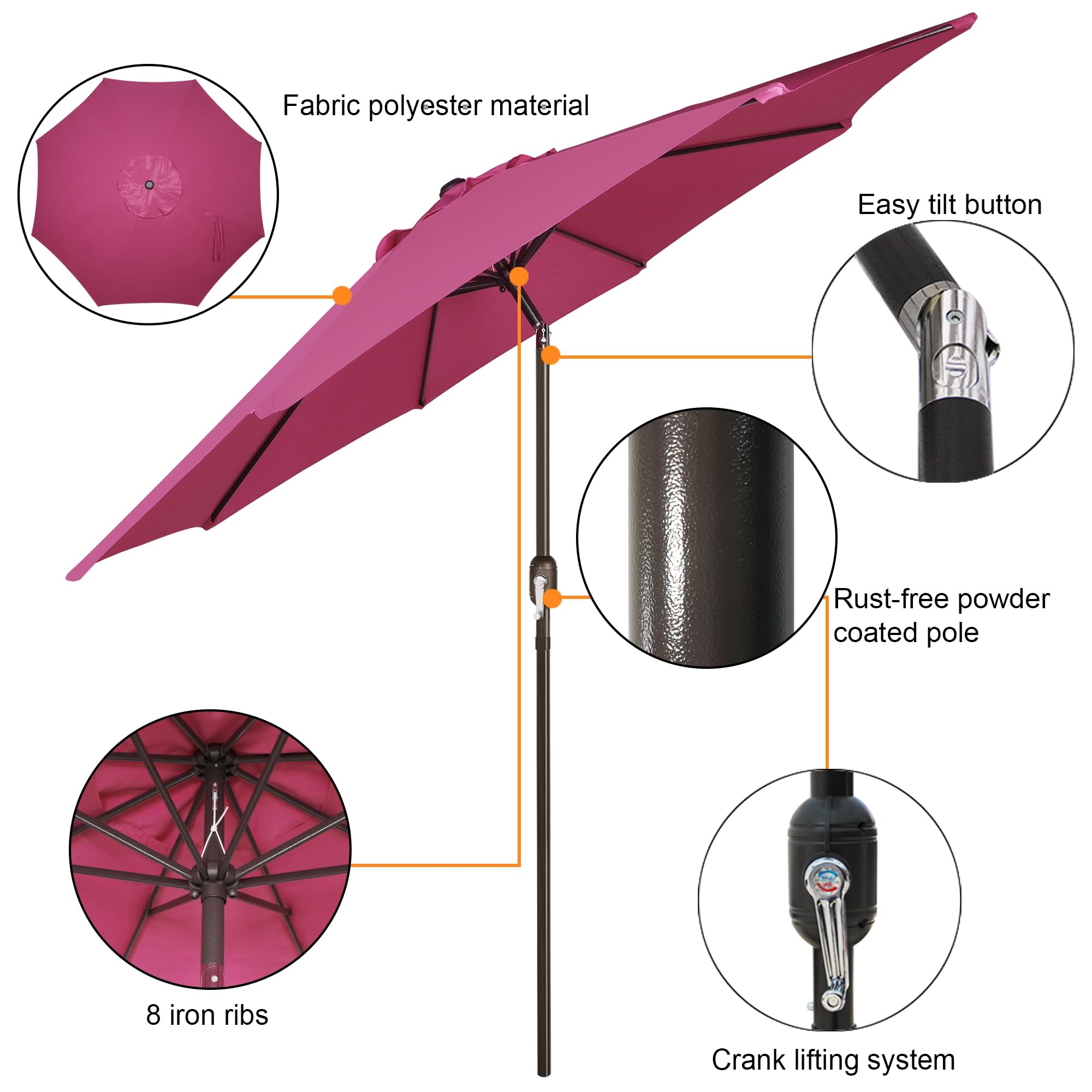 Blissun 9' Outdoor Patio Umbrella, Outdoor Table Umbrella, Yard Umbrella, Market Umbrella with 8 Sturdy Ribs, Push Button Tilt and Crank