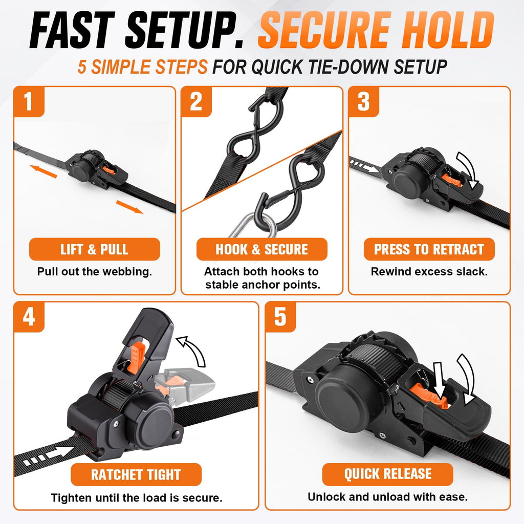 Hokinety 4 Pack Retractable Ratchet Straps 1 In X 10 Ft 1500 Lb For Truck