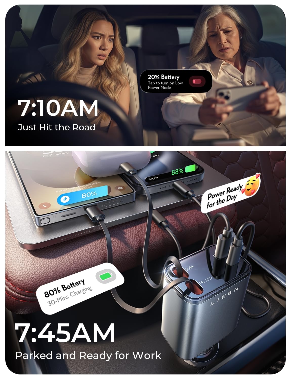 LISEN Retractable Car Charger 84W Fast Charge USB C Multi Cable Adapter