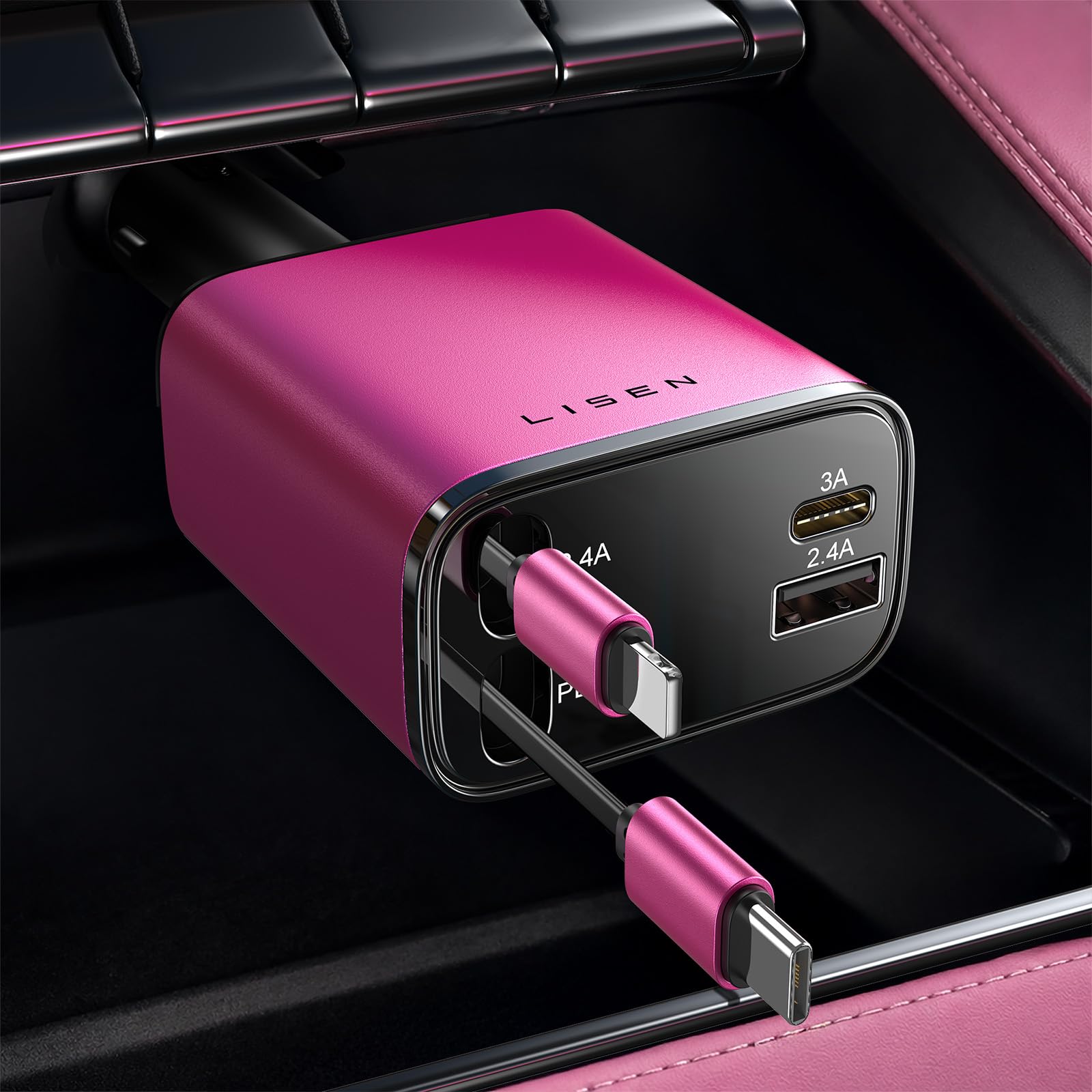 LISEN Retractable Car Charger 84W Fast Charge USB C Multi Cable Adapter