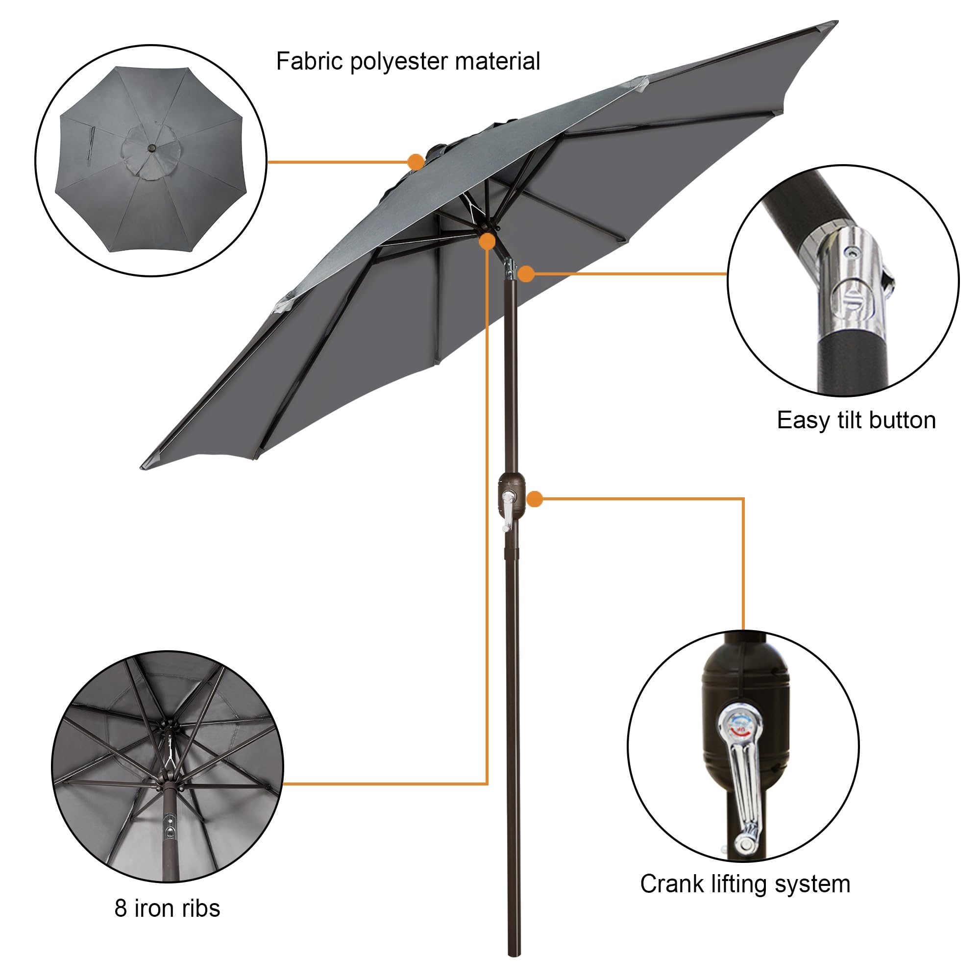 Blissun 9' Outdoor Patio Umbrella, Outdoor Table Umbrella, Yard Umbrella, Market Umbrella with 8 Sturdy Ribs, Push Button Tilt and Crank