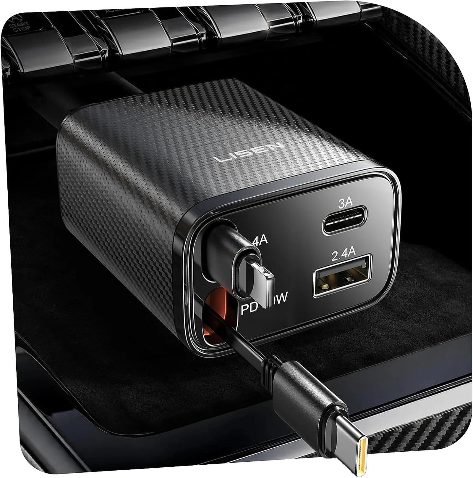 LISEN Retractable Car Charger 84W Fast Charge USB C Multi Cable Adapter