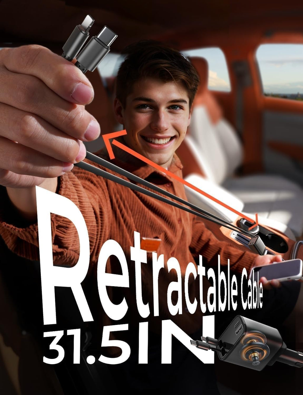 LISEN Retractable Car Charger 84W Fast Charge USB C Multi Cable Adapter