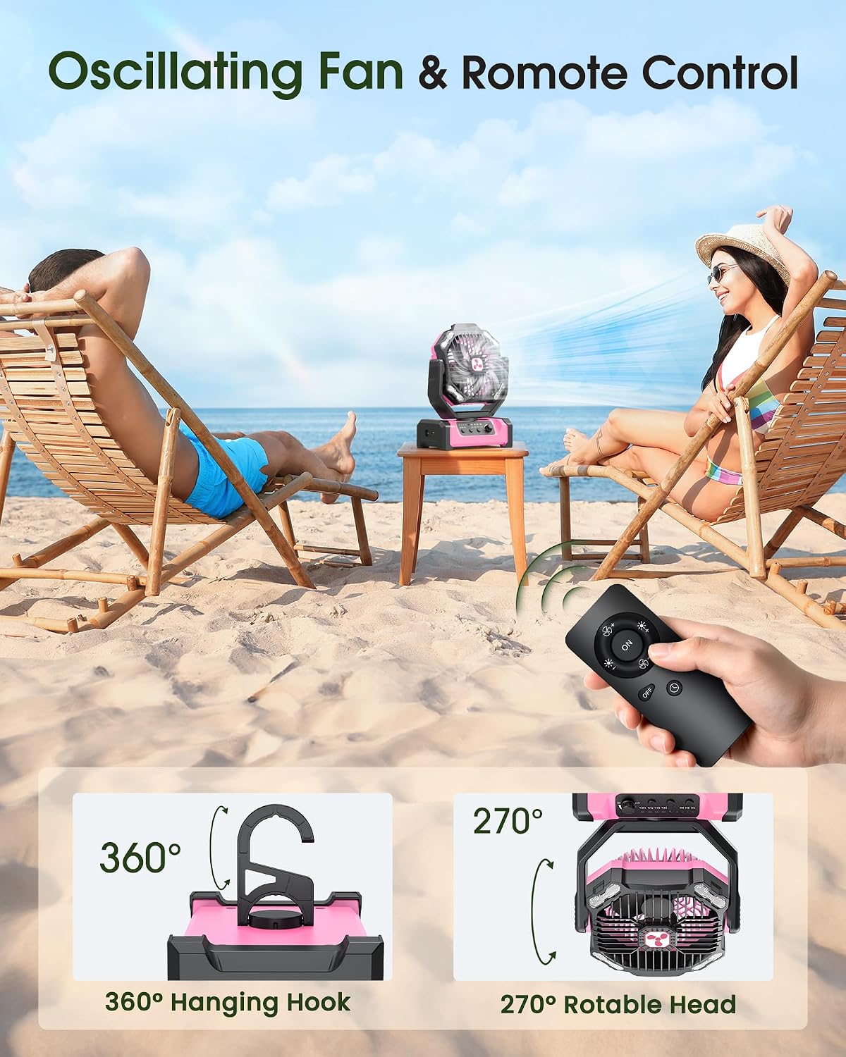 Portable Fan Rechargeable, 20000mAh Cordless Battery Powered Fan with LED Lantern Battery Operated for Travel Bedroom Home Camping Tent Office Beach Desk Fishing Table