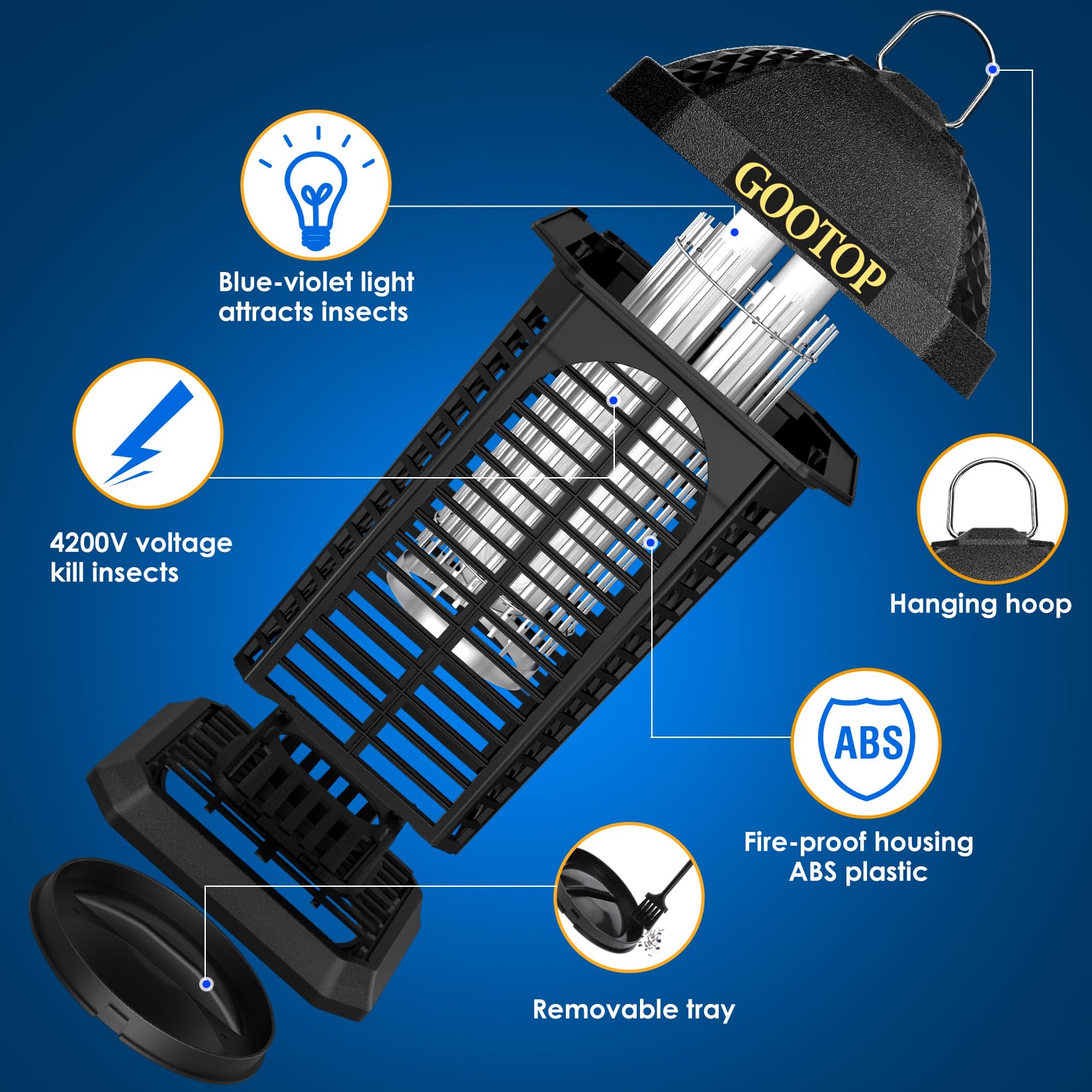 GOOTOP Bug Zapper Outdoor, Mosquito Zapper, 4200V 3 Prong Plug in Electric Fly Zapper, Mosquito Killer, Fly Traps, Flying Insects Zapper Indoor Outdoor, ABS Plastic Outer (Black)
