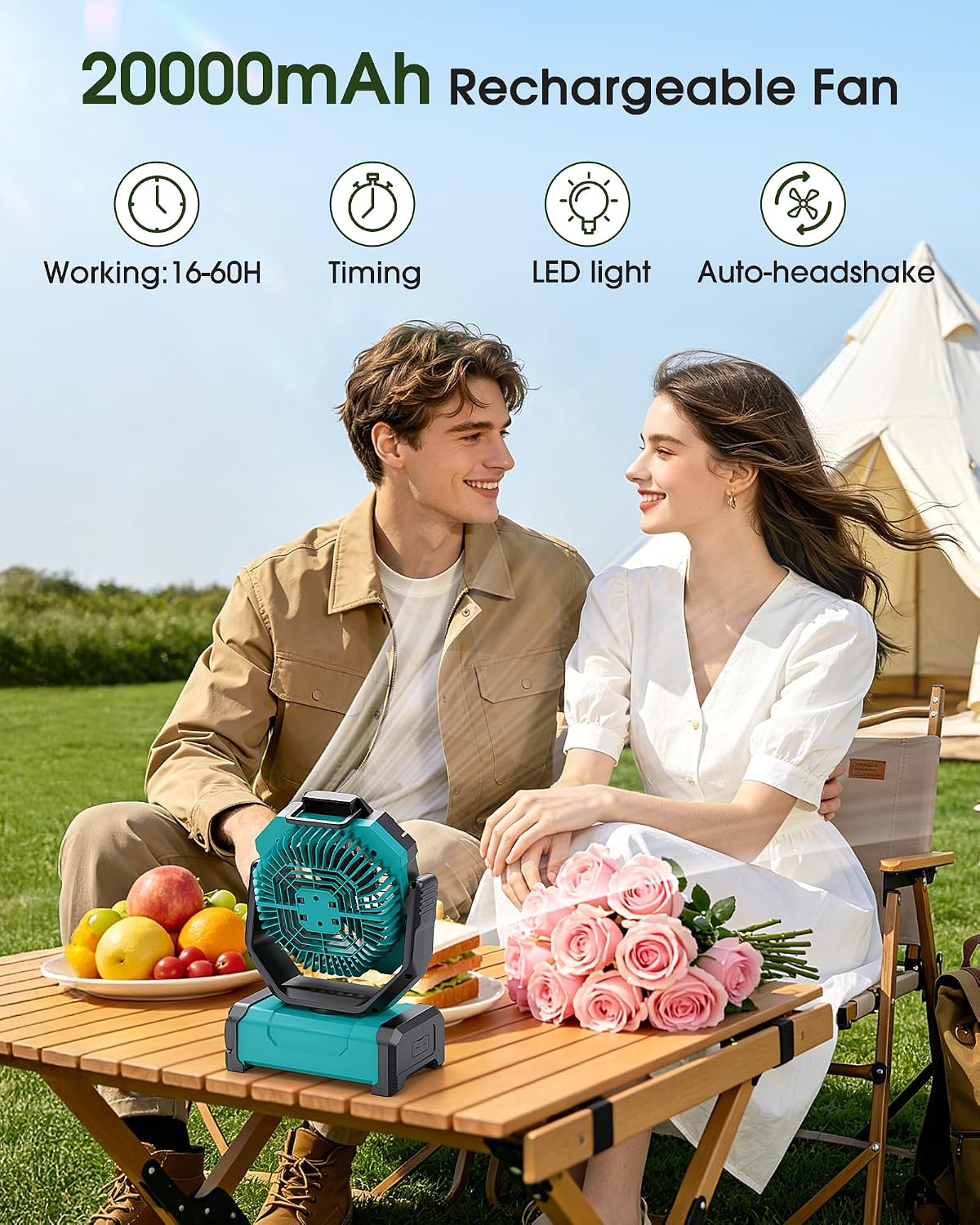 Portable Fan Rechargeable, 20000mAh Cordless Battery Powered Fan with LED Lantern Battery Operated for Travel Bedroom Home Camping Tent Office Beach Desk Fishing Table