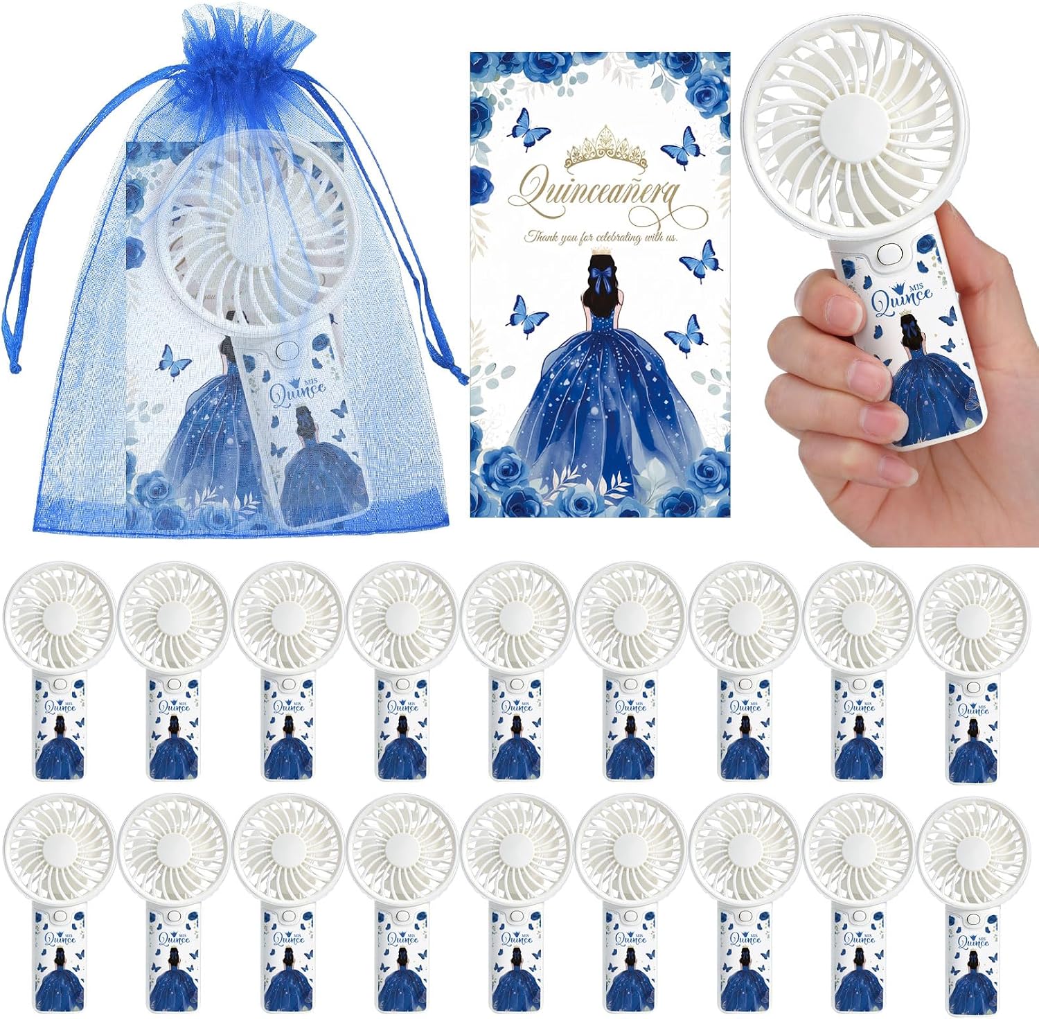 Tuanse 25 Pack Royal Blue Electric Quinceanera Party Favors Handheld Fans