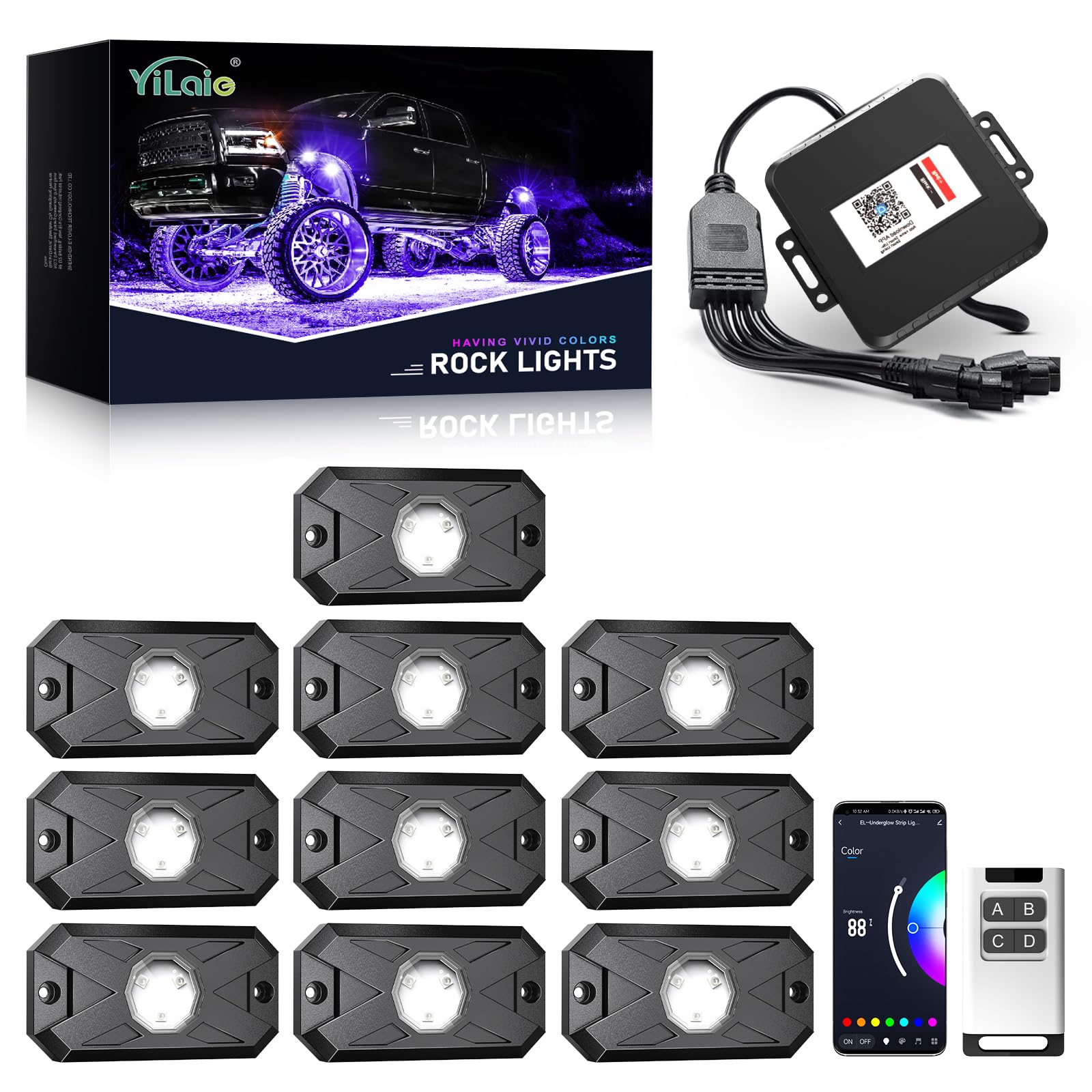 YiLaie RGB LED Rock Lights 8 Pods APP Remote Music Mode IP68 Waterproof
