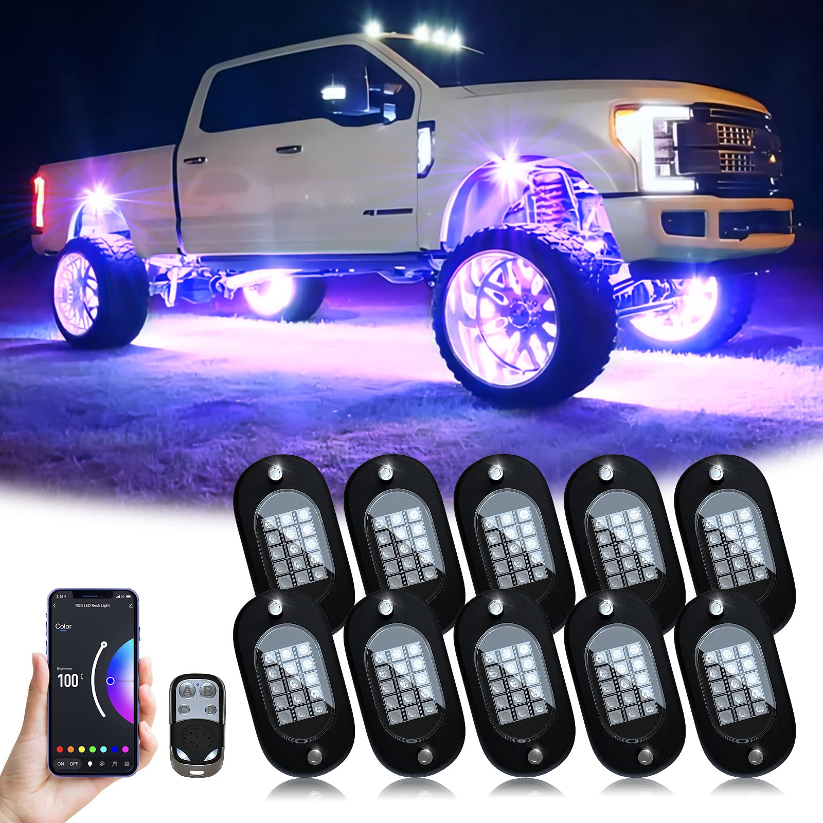YiLaie RGB LED Rock Lights 8 Pods APP Remote Music Mode IP68 Waterproof