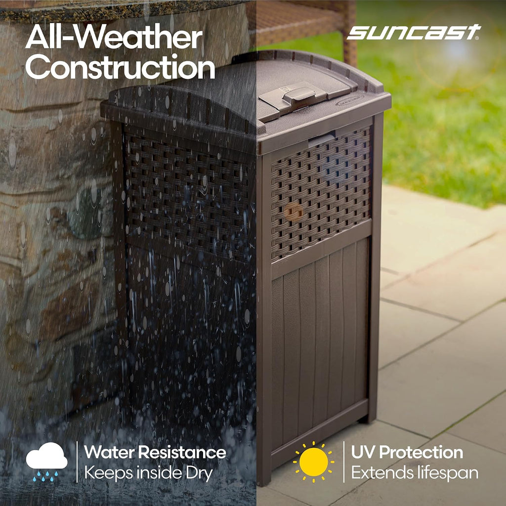 Suncast 33 Gallon Commercial Outdoor Trashcan Hideaway with Lid for 30 to 33 Gallon Trash Bags for Garage, Backyard, or Garden, Brown