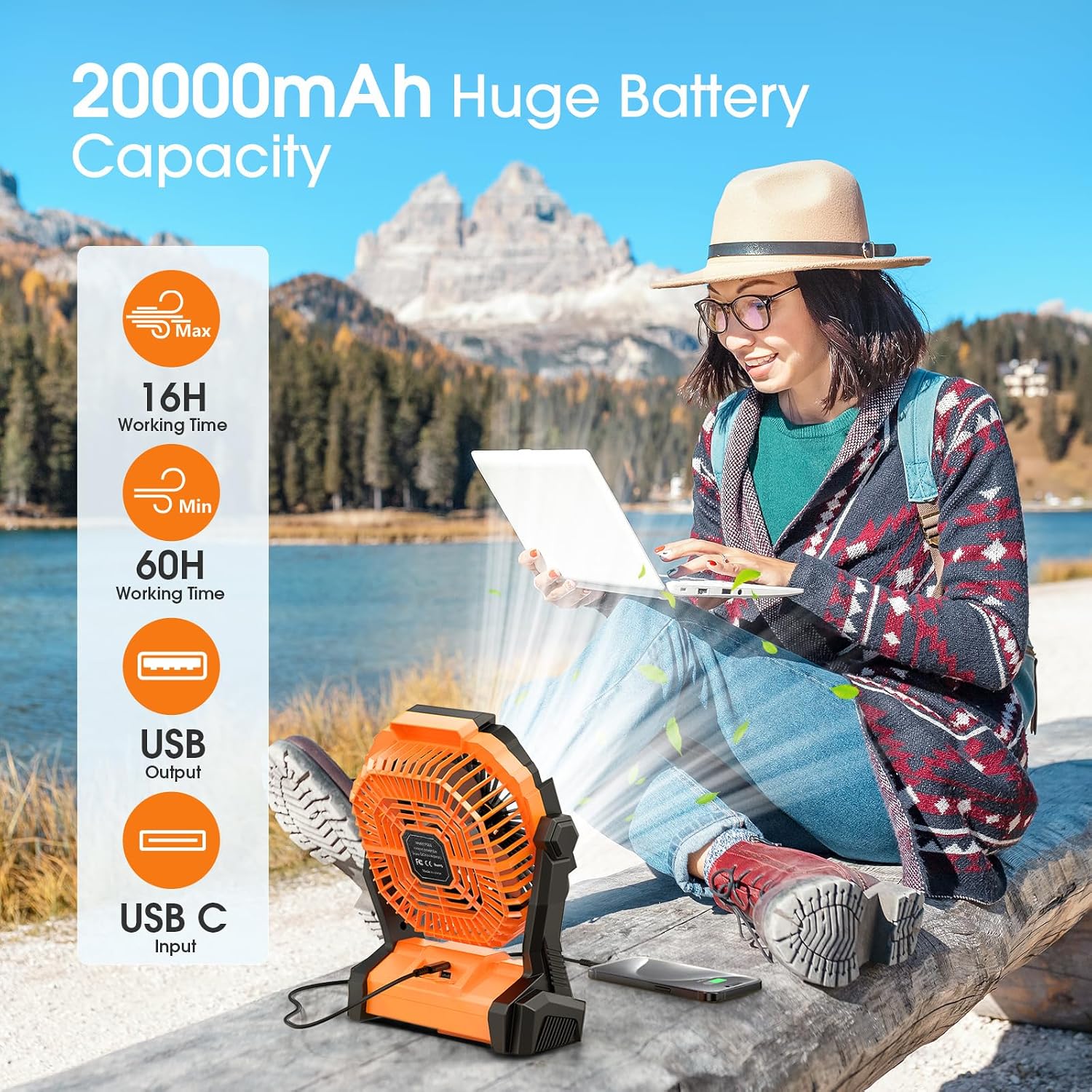 Portable Fan Rechargeable, 20000mAh Cordless Battery Powered Fan with LED Lantern Battery Operated for Travel Bedroom Home Camping Tent Office Beach Desk Fishing Table