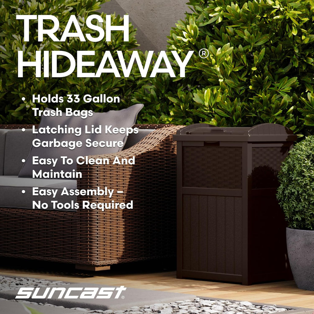 Suncast 33 Gallon Commercial Outdoor Trashcan Hideaway with Lid for 30 to 33 Gallon Trash Bags for Garage, Backyard, or Garden, Brown