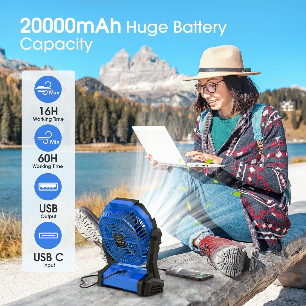 Portable Fan Rechargeable, 20000mAh Cordless Battery Powered Fan with LED Lantern Battery Operated for Travel Bedroom Home Camping Tent Office Beach Desk Fishing Table