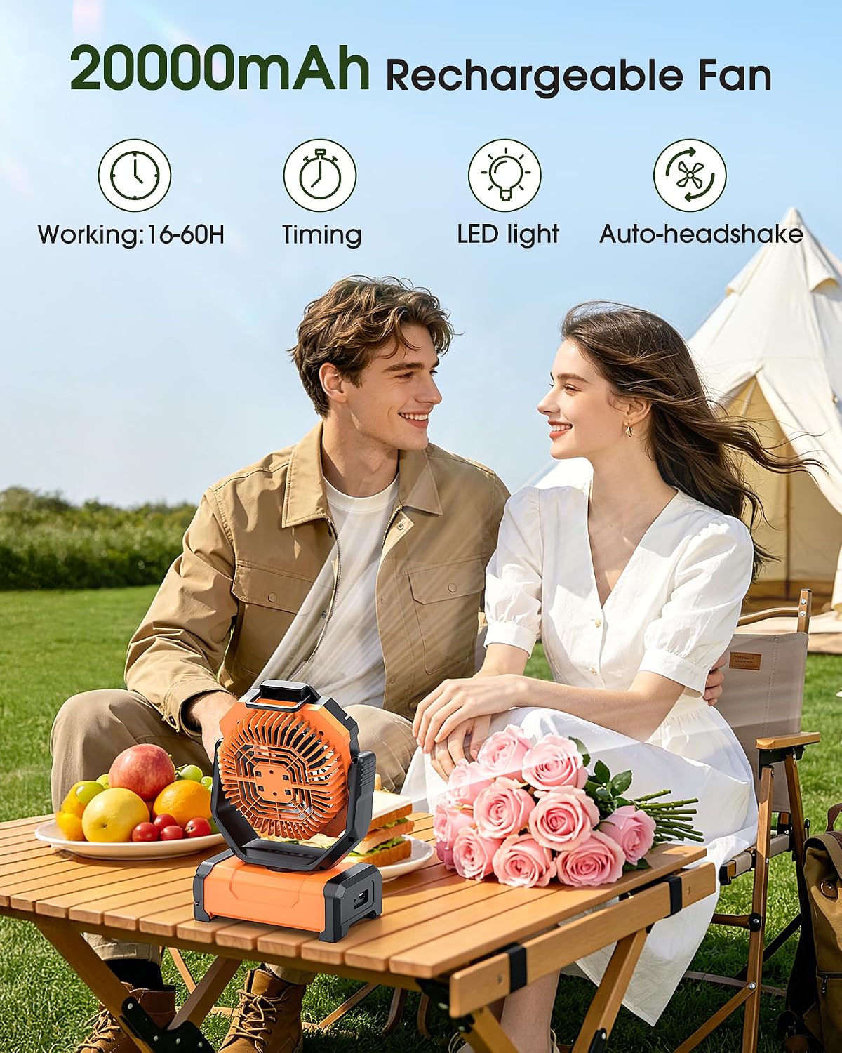 Portable Fan Rechargeable, 20000mAh Cordless Battery Powered Fan with LED Lantern Battery Operated for Travel Bedroom Home Camping Tent Office Beach Desk Fishing Table