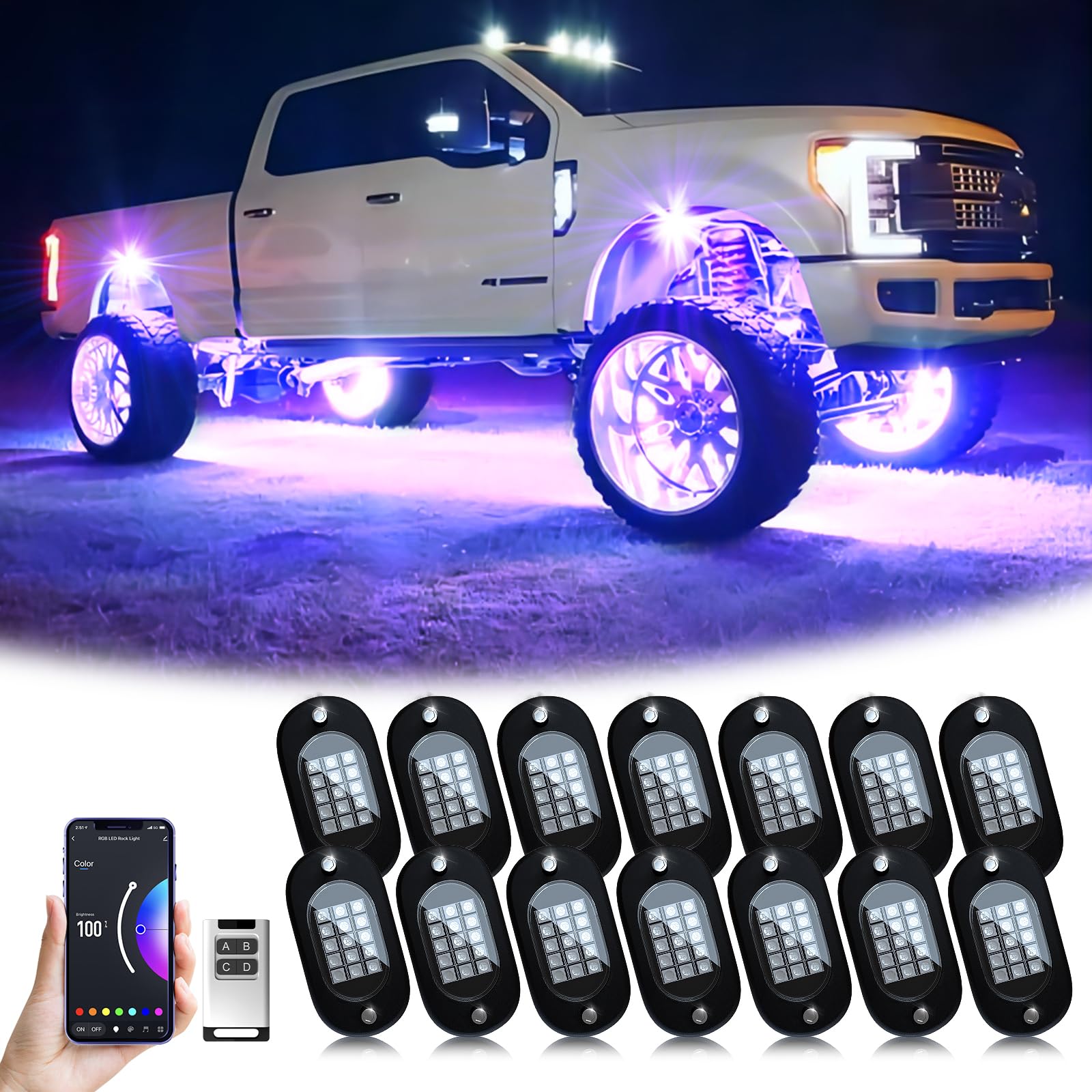 YiLaie RGB LED Rock Lights 8 Pods APP Remote Music Mode IP68 Waterproof
