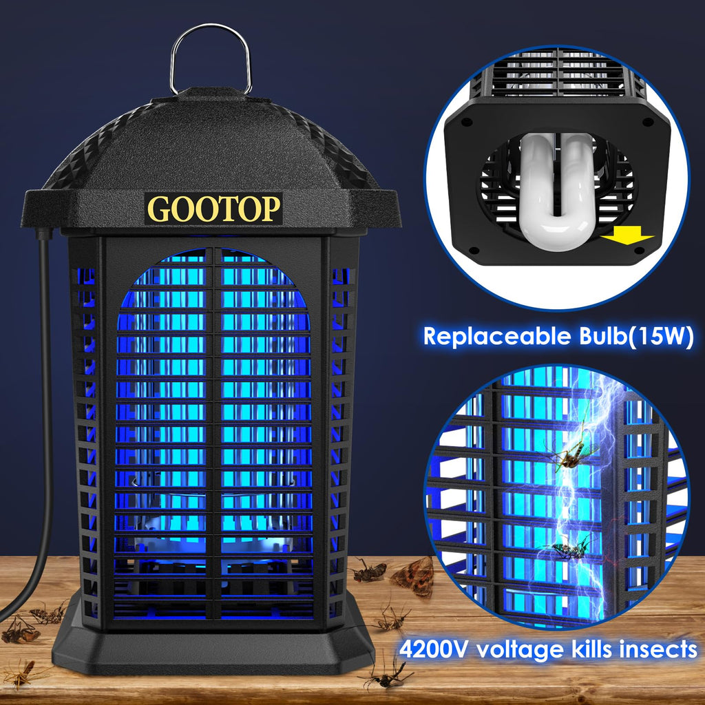 GOOTOP Bug Zapper Outdoor, Mosquito Zapper, 4200V 3 Prong Plug in Electric Fly Zapper, Mosquito Killer, Fly Traps, Flying Insects Zapper Indoor Outdoor, ABS Plastic Outer (Black)