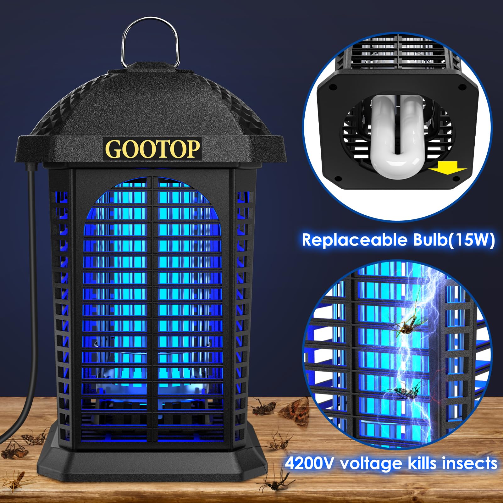 GOOTOP Bug Zapper Outdoor, Mosquito Zapper, 4200V 3 Prong Plug in Electric Fly Zapper, Mosquito Killer, Fly Traps, Flying Insects Zapper Indoor Outdoor, ABS Plastic Outer (Black)