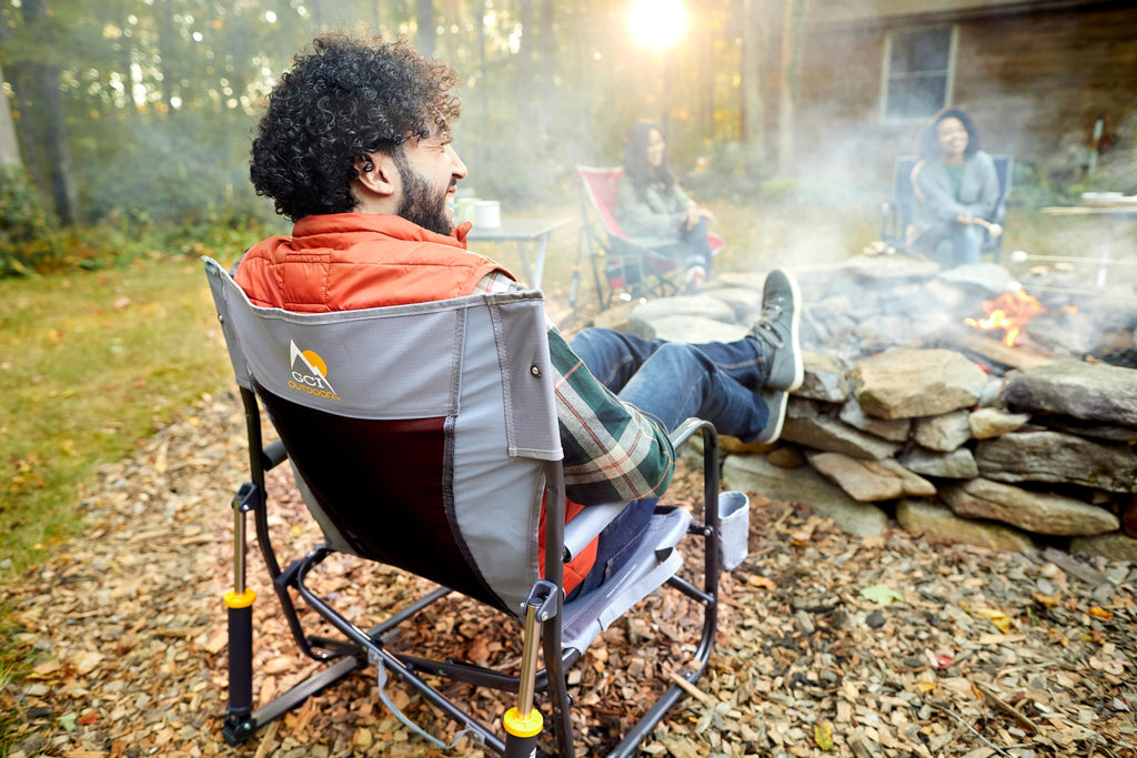 GCI OUTDOOR Freestyle Rocker Camping Chair | Portable Folding Rocking Chair with Solid, Durable Armrests, Drink Holder & Comfortable Backrest — Indigo Blue