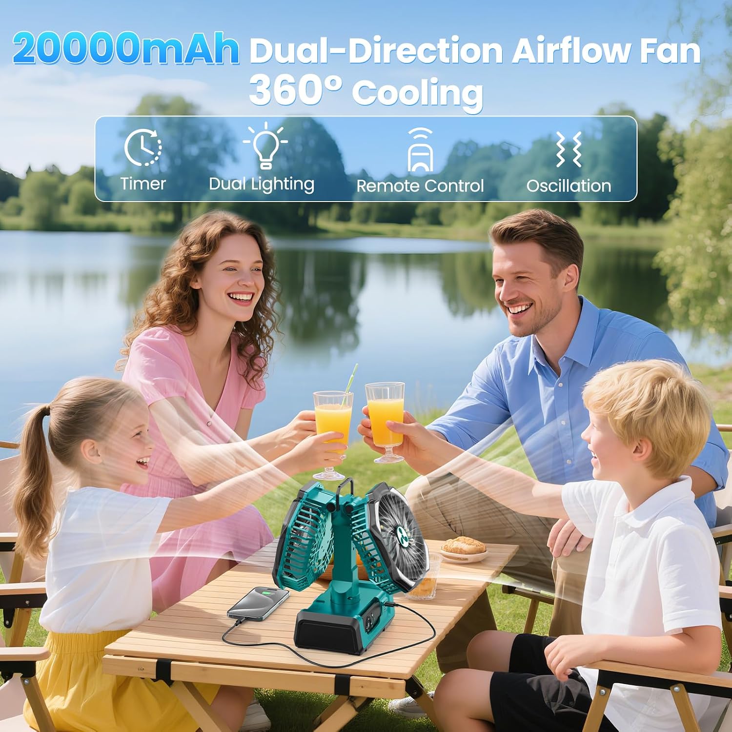 Portable Fan Rechargeable, 20000mAh Cordless Battery Powered Fan with LED Lantern Battery Operated for Travel Bedroom Home Camping Tent Office Beach Desk Fishing Table