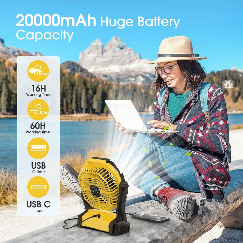 Portable Fan Rechargeable, 20000mAh Cordless Battery Powered Fan with LED Lantern Battery Operated for Travel Bedroom Home Camping Tent Office Beach Desk Fishing Table