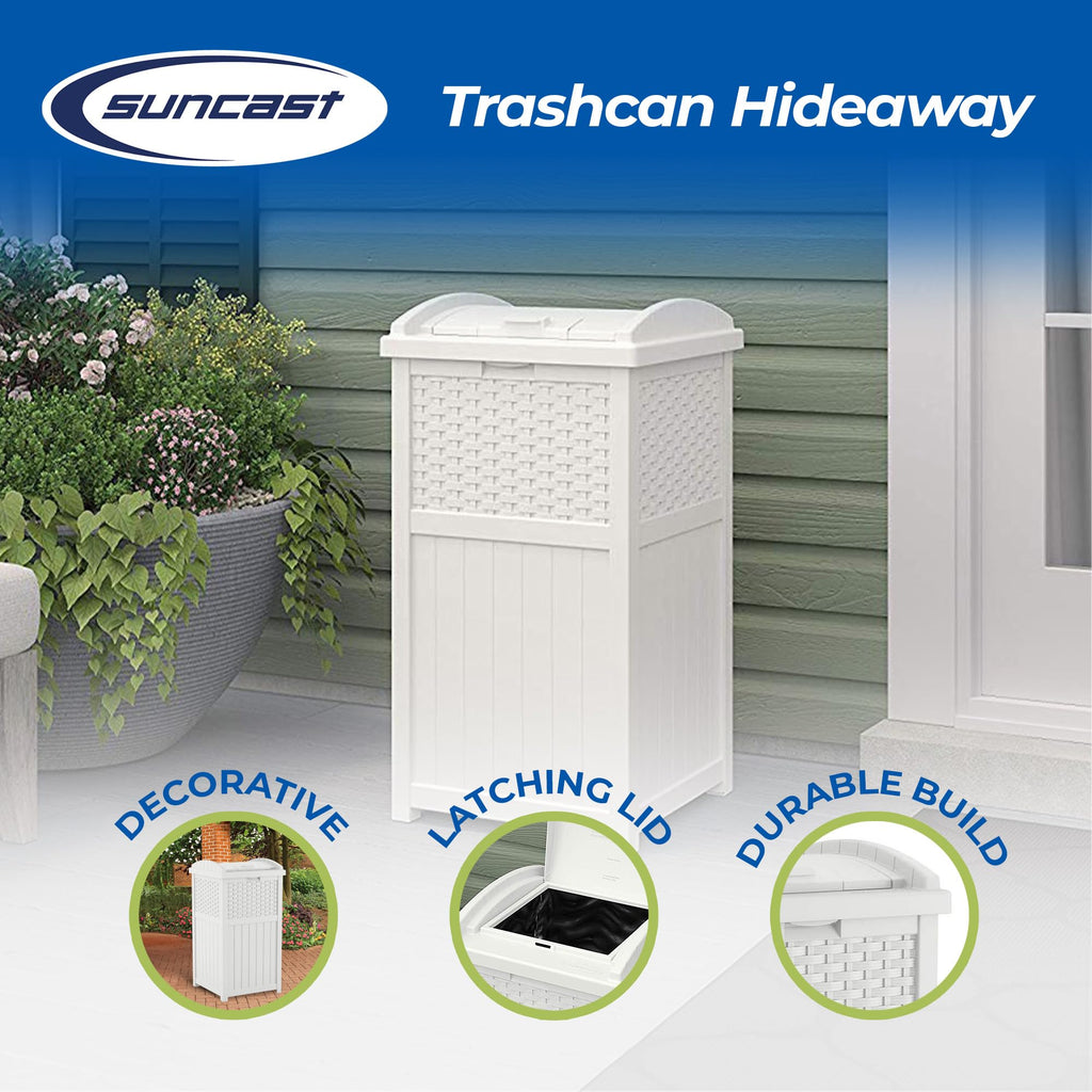 Suncast 33 Gallon Commercial Outdoor Trashcan Hideaway with Lid for 30 to 33 Gallon Trash Bags for Garage, Backyard, or Garden, Brown