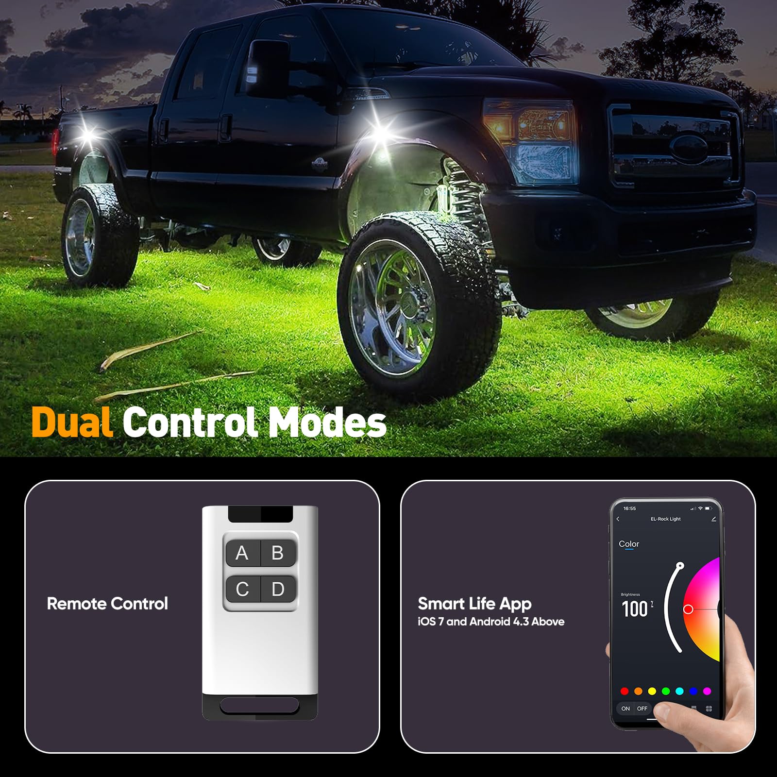 YiLaie RGB LED Rock Lights 8 Pods APP Remote Music Mode IP68 Waterproof