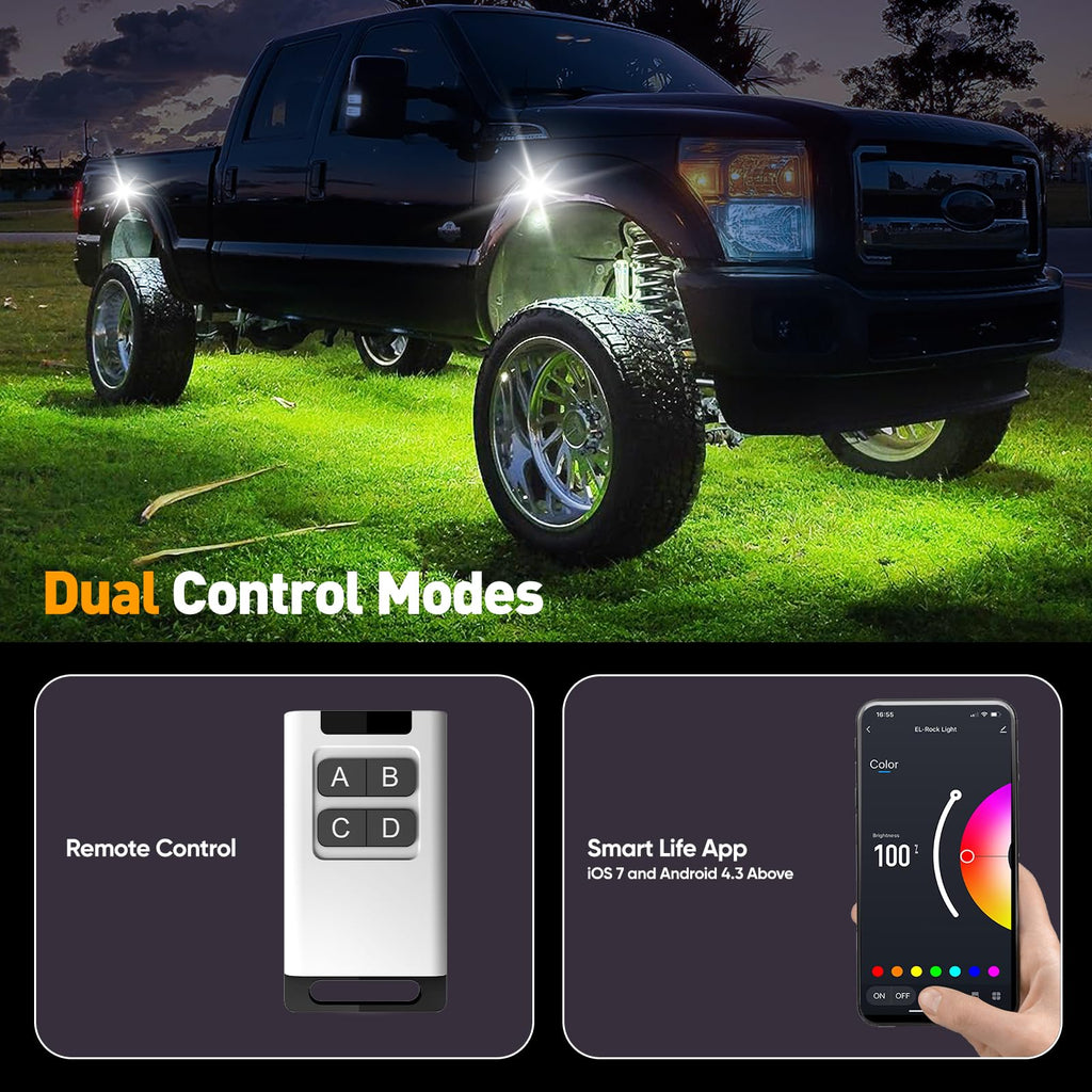 YiLaie RGB LED Rock Lights 8 Pods APP Remote Music Mode IP68 Waterproof