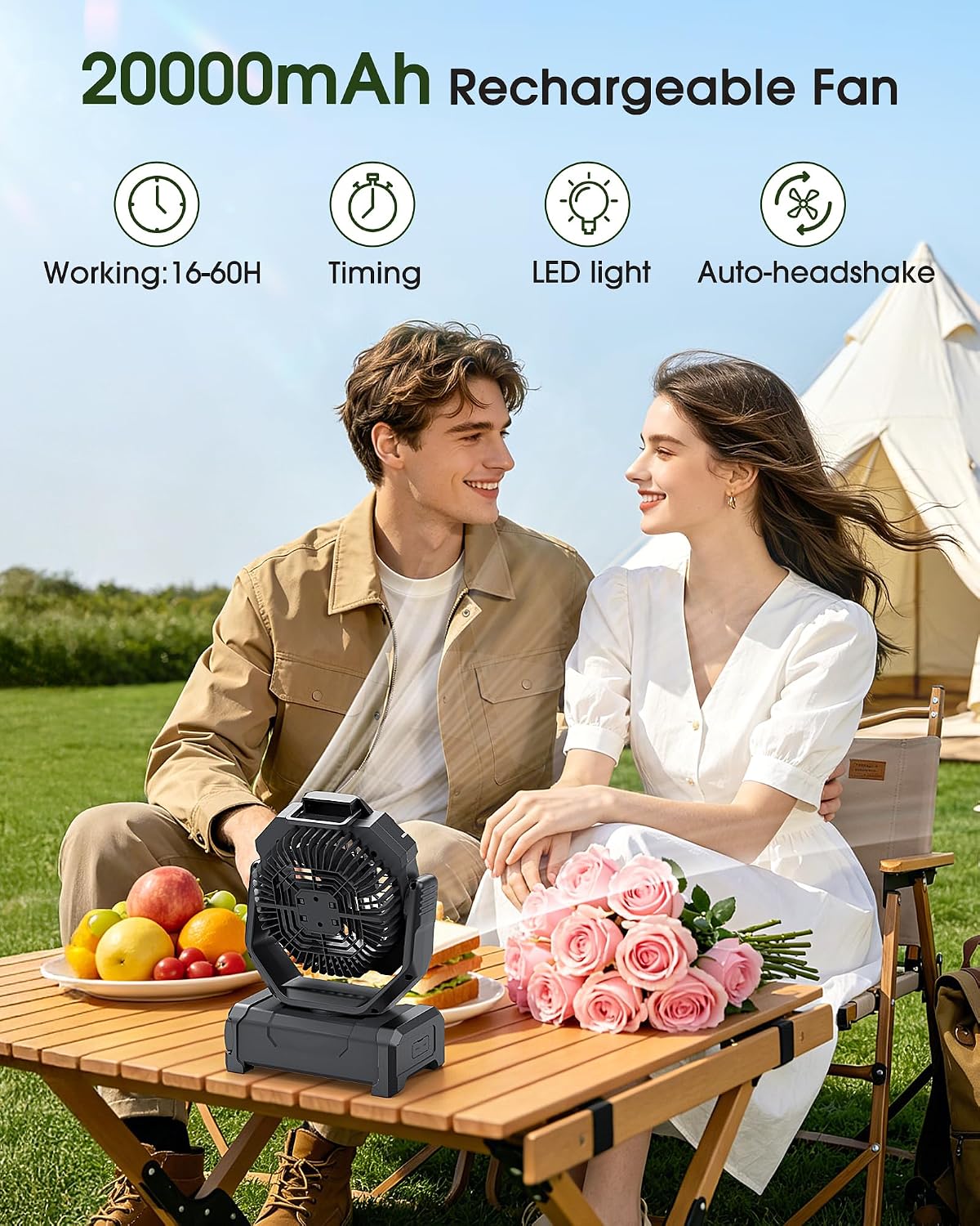 Portable Fan Rechargeable, 20000mAh Cordless Battery Powered Fan with LED Lantern Battery Operated for Travel Bedroom Home Camping Tent Office Beach Desk Fishing Table