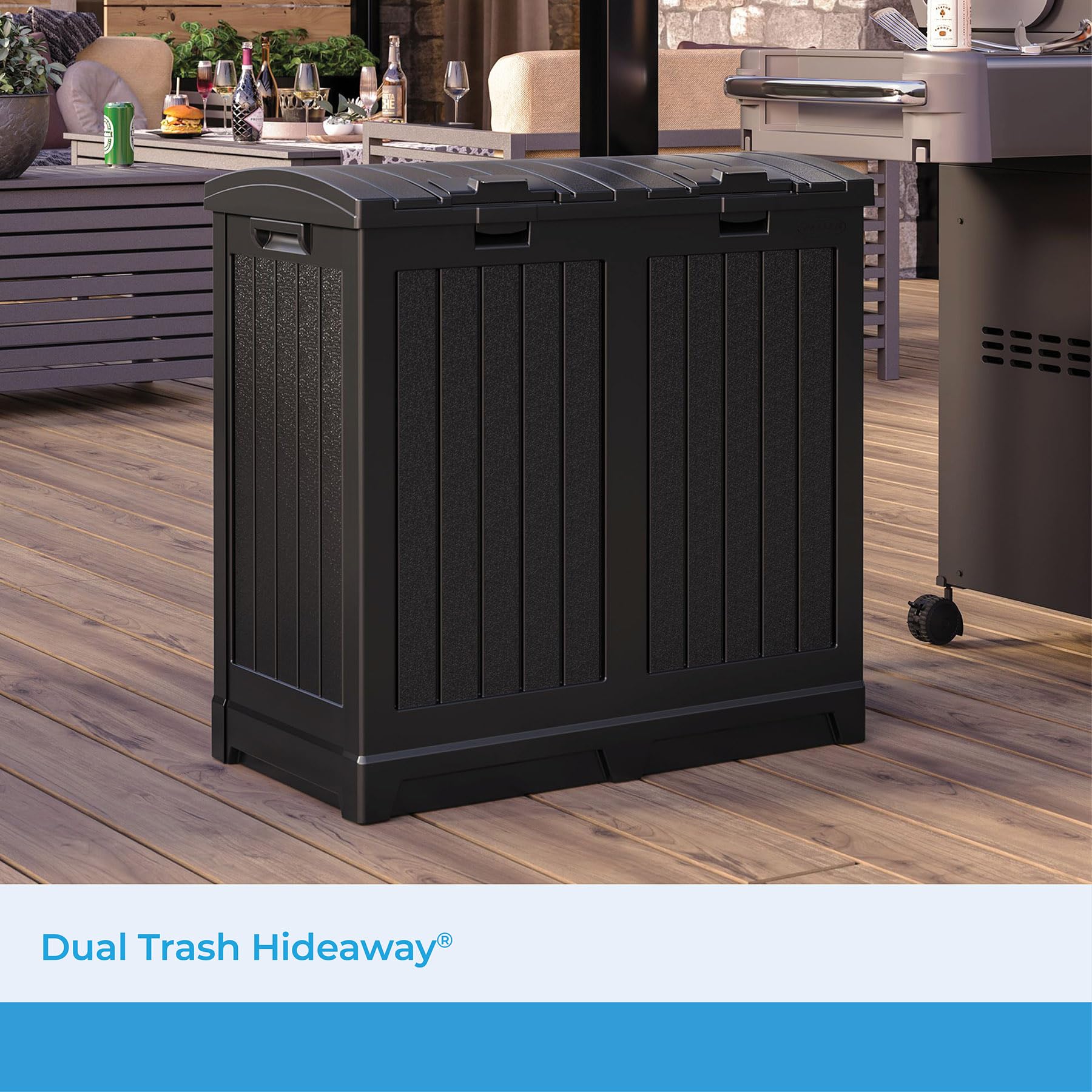 Suncast 33 Gallon Commercial Outdoor Trashcan Hideaway with Lid for 30 to 33 Gallon Trash Bags for Garage, Backyard, or Garden, Brown