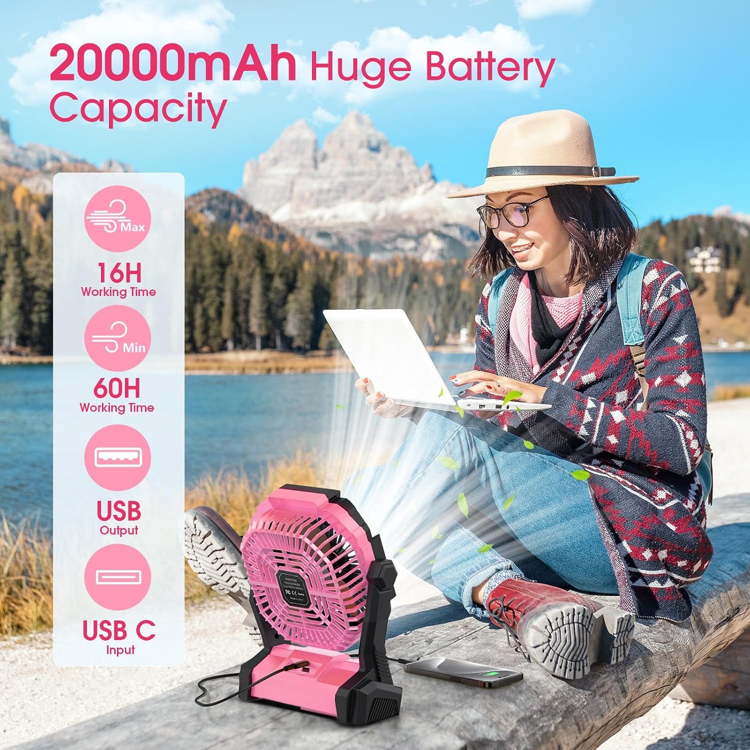 Portable Fan Rechargeable, 20000mAh Cordless Battery Powered Fan with LED Lantern Battery Operated for Travel Bedroom Home Camping Tent Office Beach Desk Fishing Table