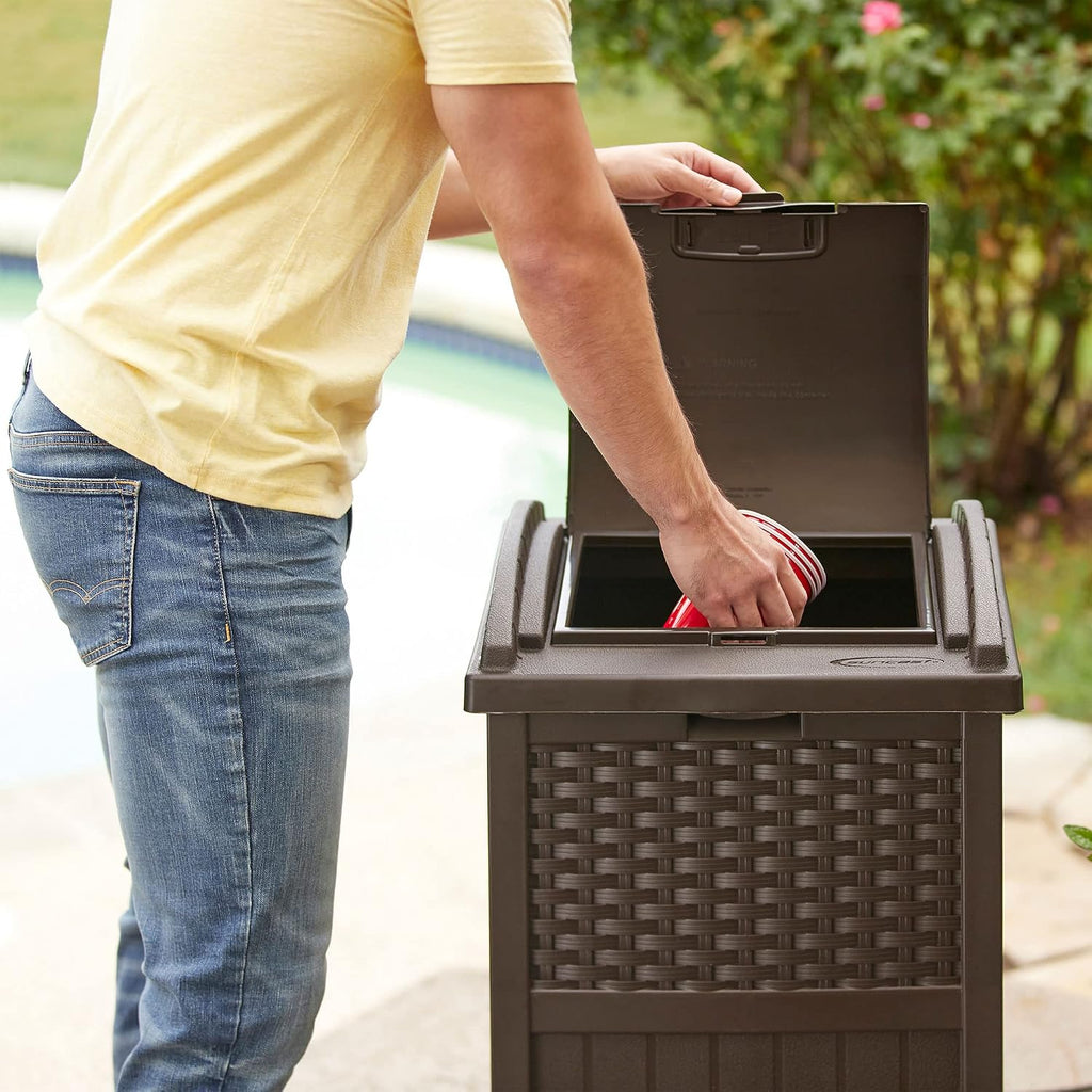 Suncast 33 Gallon Commercial Outdoor Trashcan Hideaway with Lid for 30 to 33 Gallon Trash Bags for Garage, Backyard, or Garden, Brown