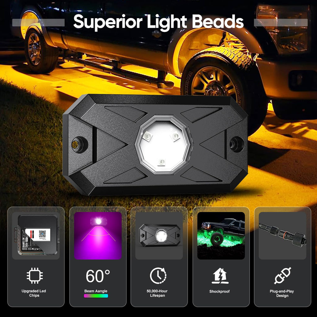 YiLaie RGB LED Rock Lights 8 Pods APP Remote Music Mode IP68 Waterproof