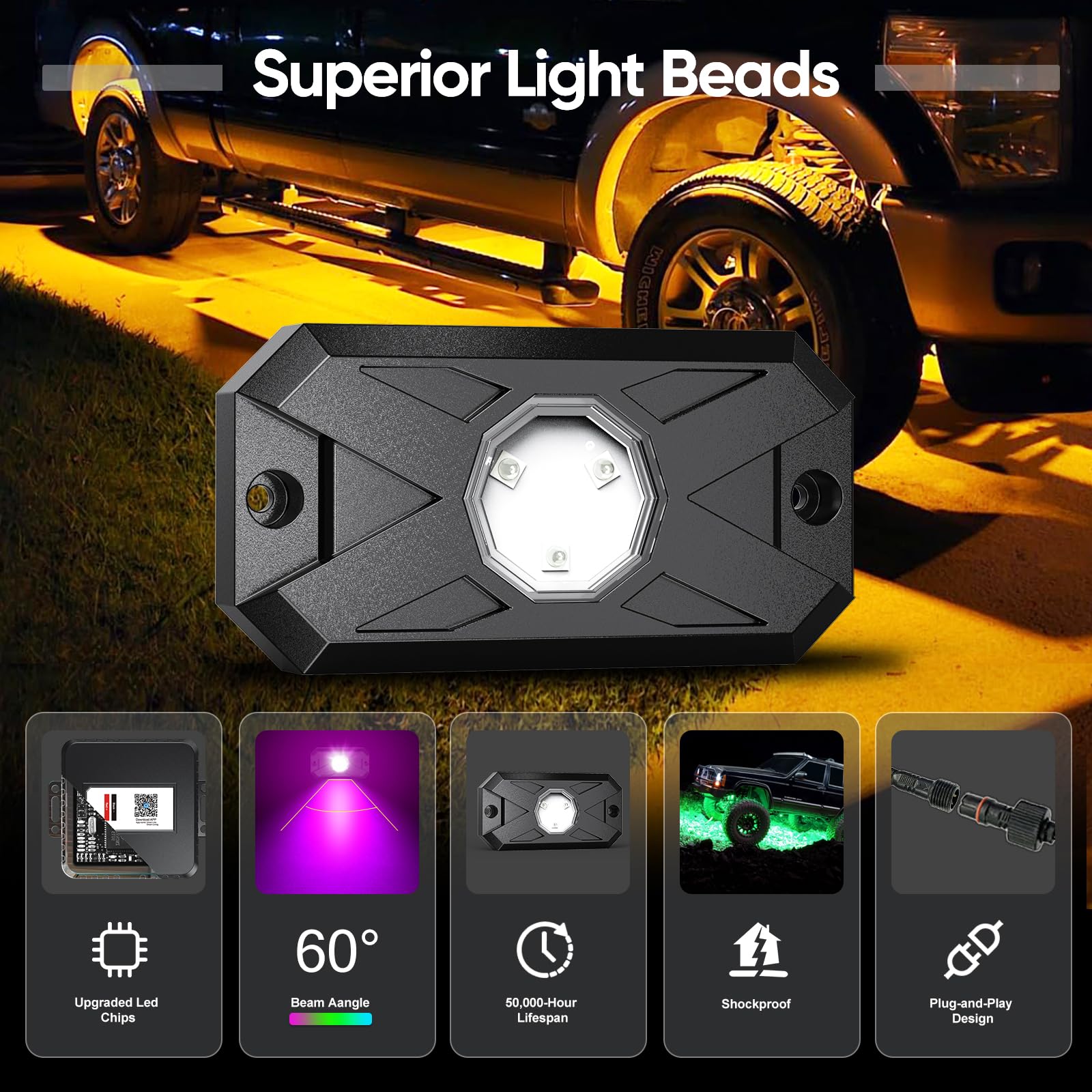 YiLaie RGB LED Rock Lights 8 Pods APP Remote Music Mode IP68 Waterproof