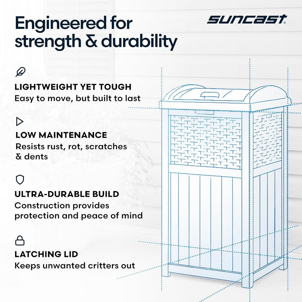 Suncast 33 Gallon Commercial Outdoor Trashcan Hideaway with Lid for 30 to 33 Gallon Trash Bags for Garage, Backyard, or Garden, Brown