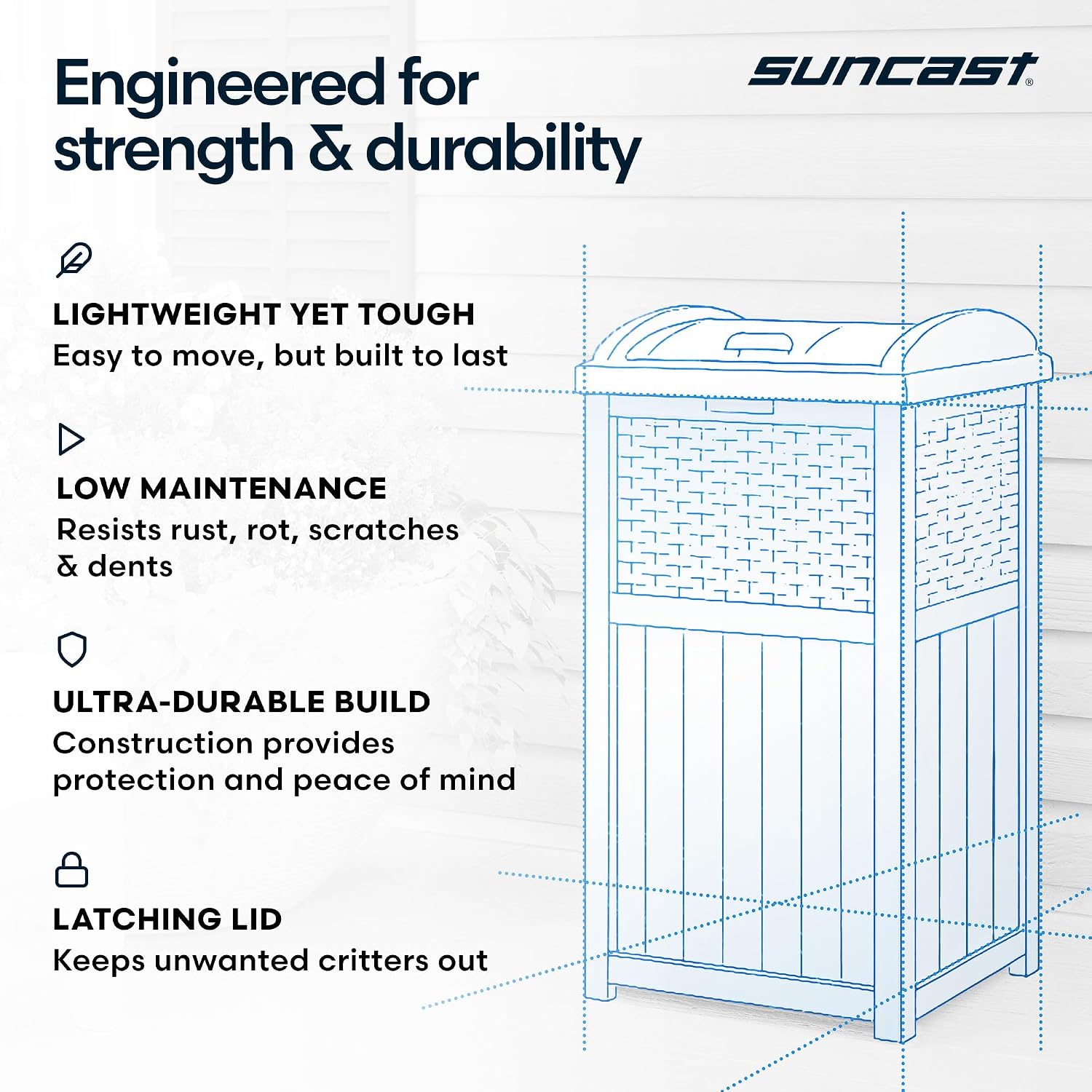Suncast 33 Gallon Commercial Outdoor Trashcan Hideaway with Lid for 30 to 33 Gallon Trash Bags for Garage, Backyard, or Garden, Brown