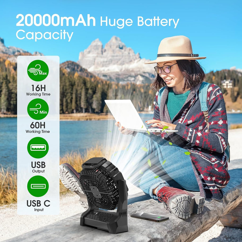 Portable Fan Rechargeable, 20000mAh Cordless Battery Powered Fan with LED Lantern Battery Operated for Travel Bedroom Home Camping Tent Office Beach Desk Fishing Table
