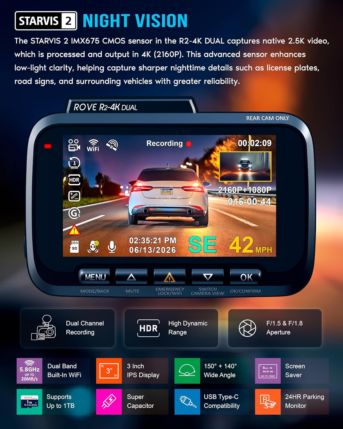 Rove R2 4K Dual Dash Cam Front Rear Starvis 2 128GB Card
