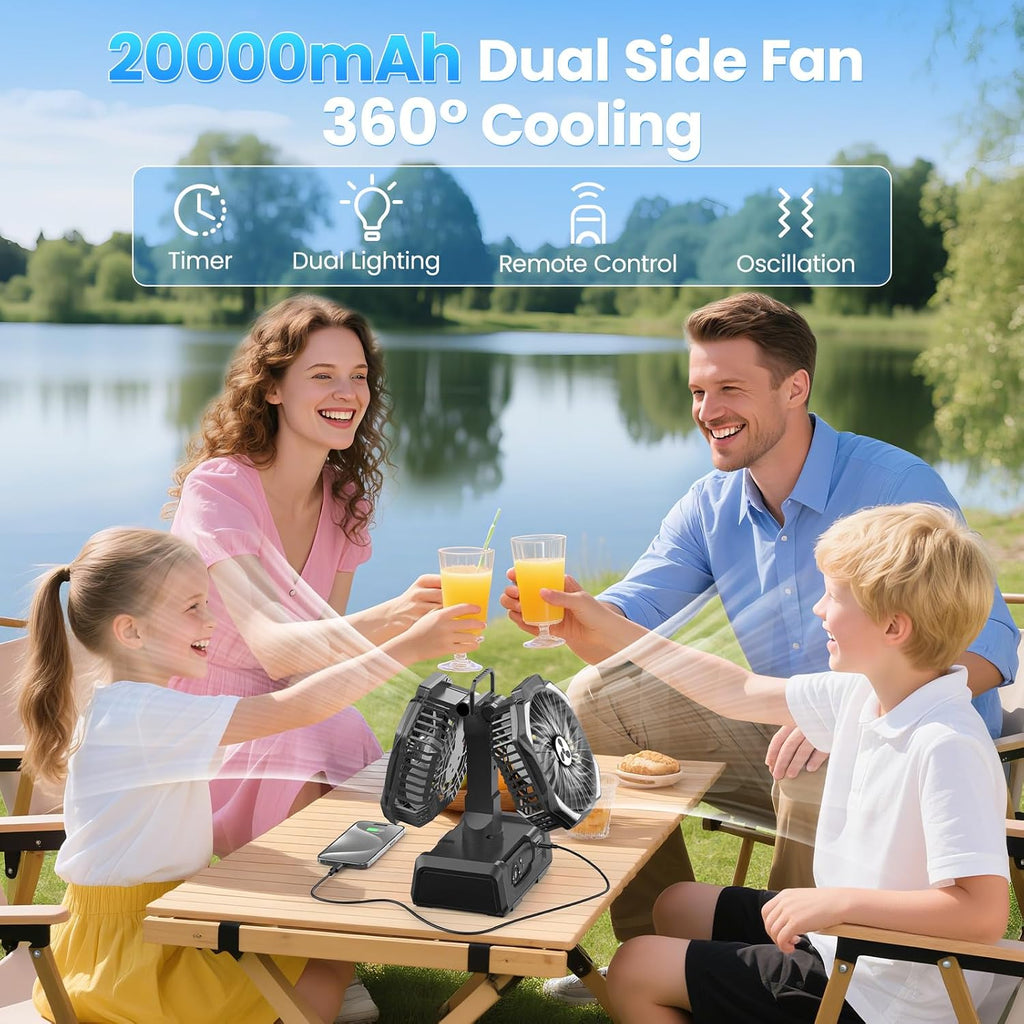 Portable Fan Rechargeable, 20000mAh Cordless Battery Powered Fan with LED Lantern Battery Operated for Travel Bedroom Home Camping Tent Office Beach Desk Fishing Table