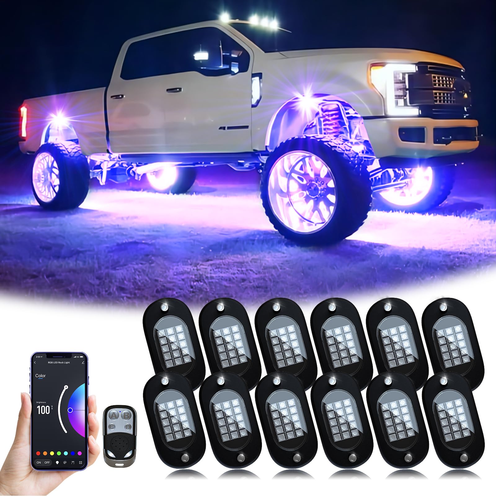 YiLaie RGB LED Rock Lights 8 Pods APP Remote Music Mode IP68 Waterproof