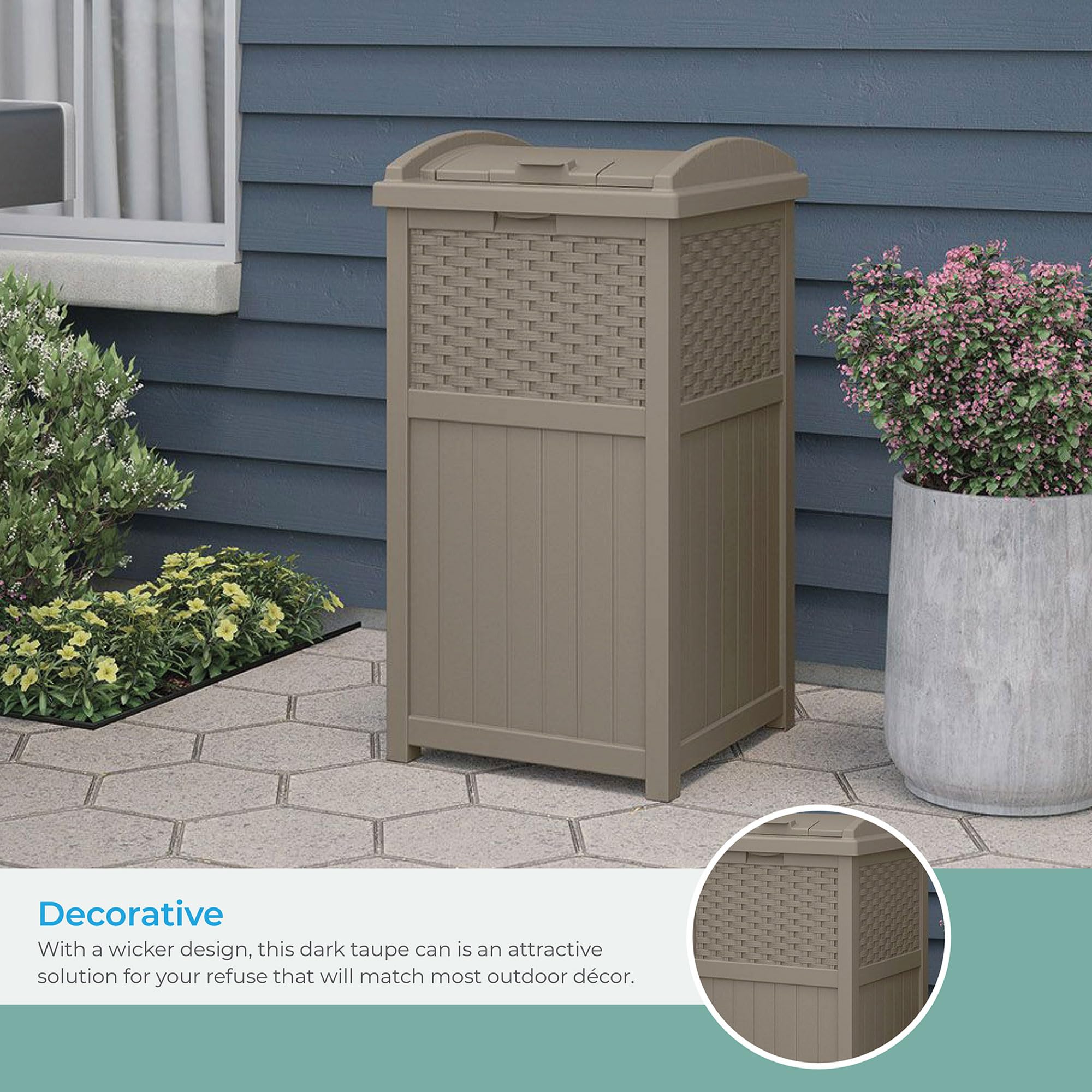 Suncast 33 Gallon Commercial Outdoor Trashcan Hideaway with Lid for 30 to 33 Gallon Trash Bags for Garage, Backyard, or Garden, Brown