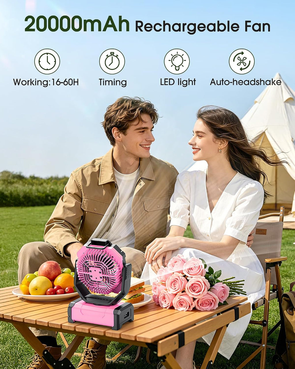 Portable Fan Rechargeable, 20000mAh Cordless Battery Powered Fan with LED Lantern Battery Operated for Travel Bedroom Home Camping Tent Office Beach Desk Fishing Table