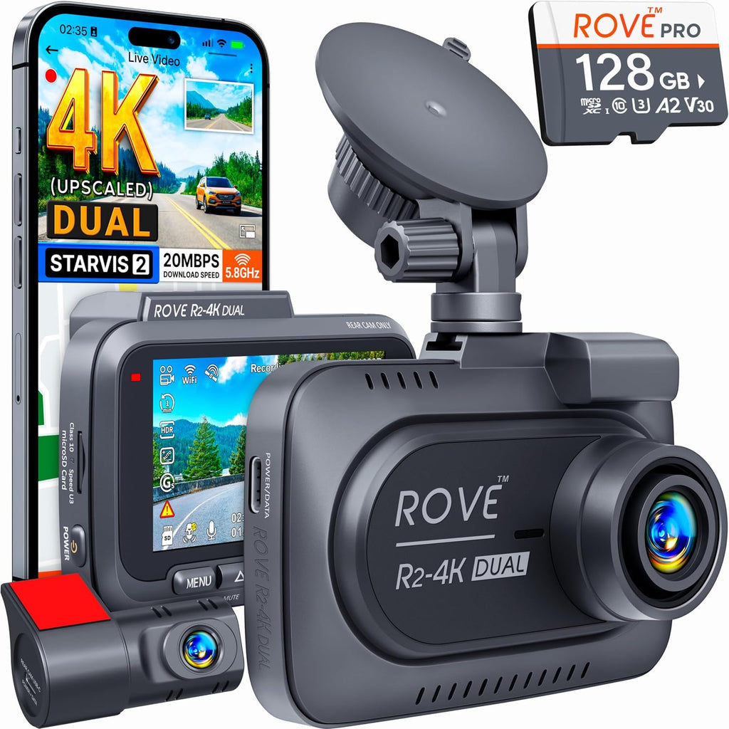 Rove R2 4K Dual Dash Cam Front Rear Starvis 2 128GB Card