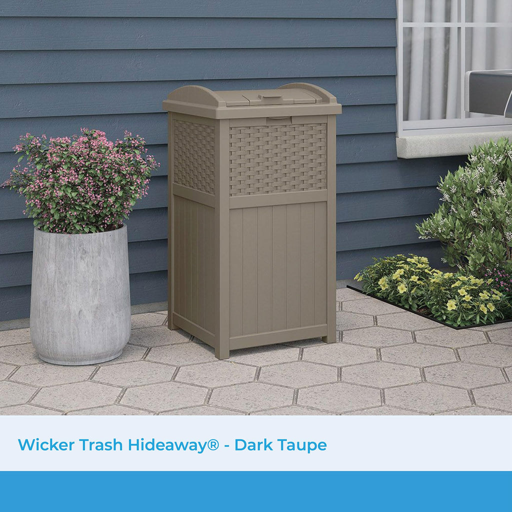 Suncast 33 Gallon Commercial Outdoor Trashcan Hideaway with Lid for 30 to 33 Gallon Trash Bags for Garage, Backyard, or Garden, Brown