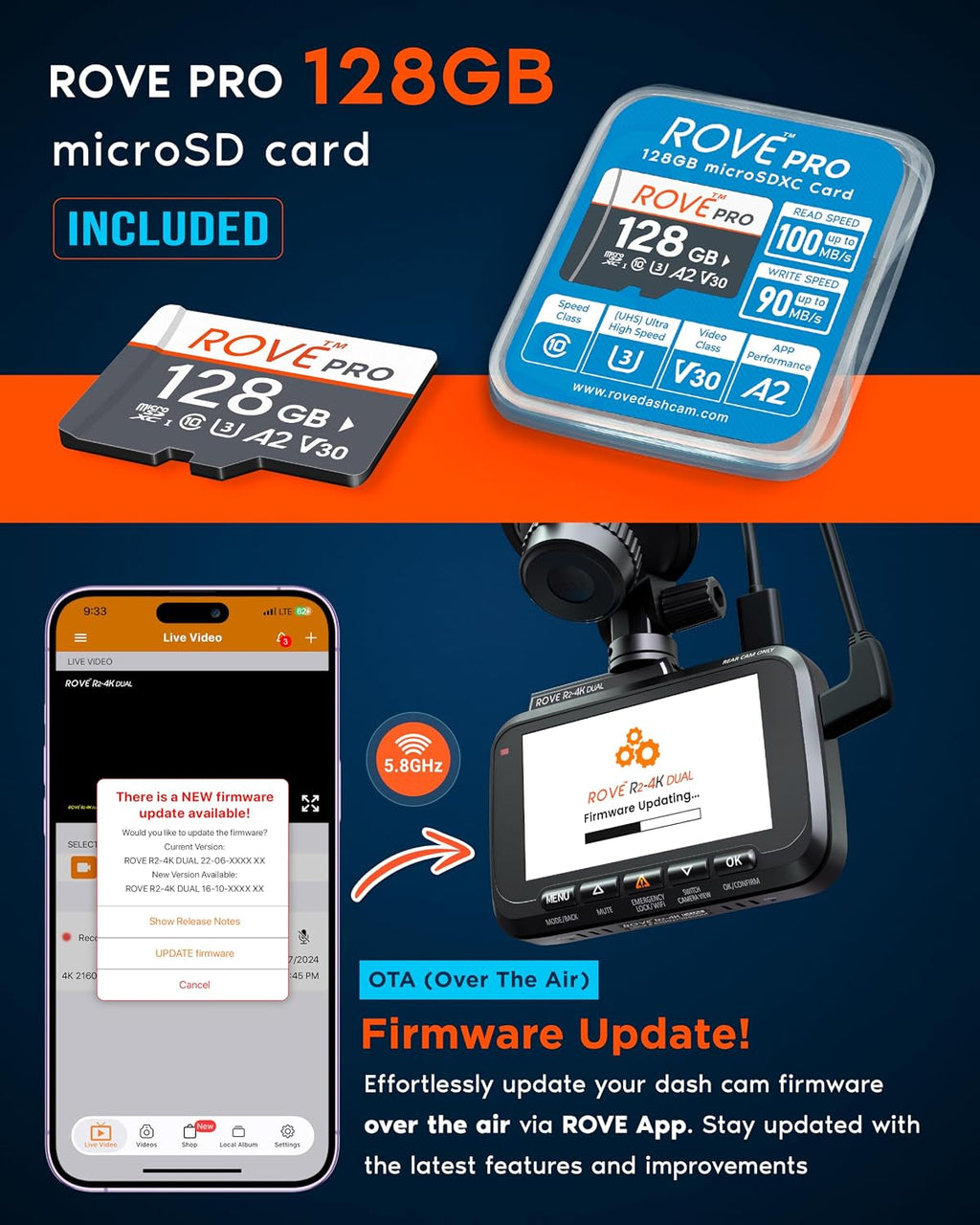 Rove R2 4K Dual Dash Cam Front Rear Starvis 2 128GB Card